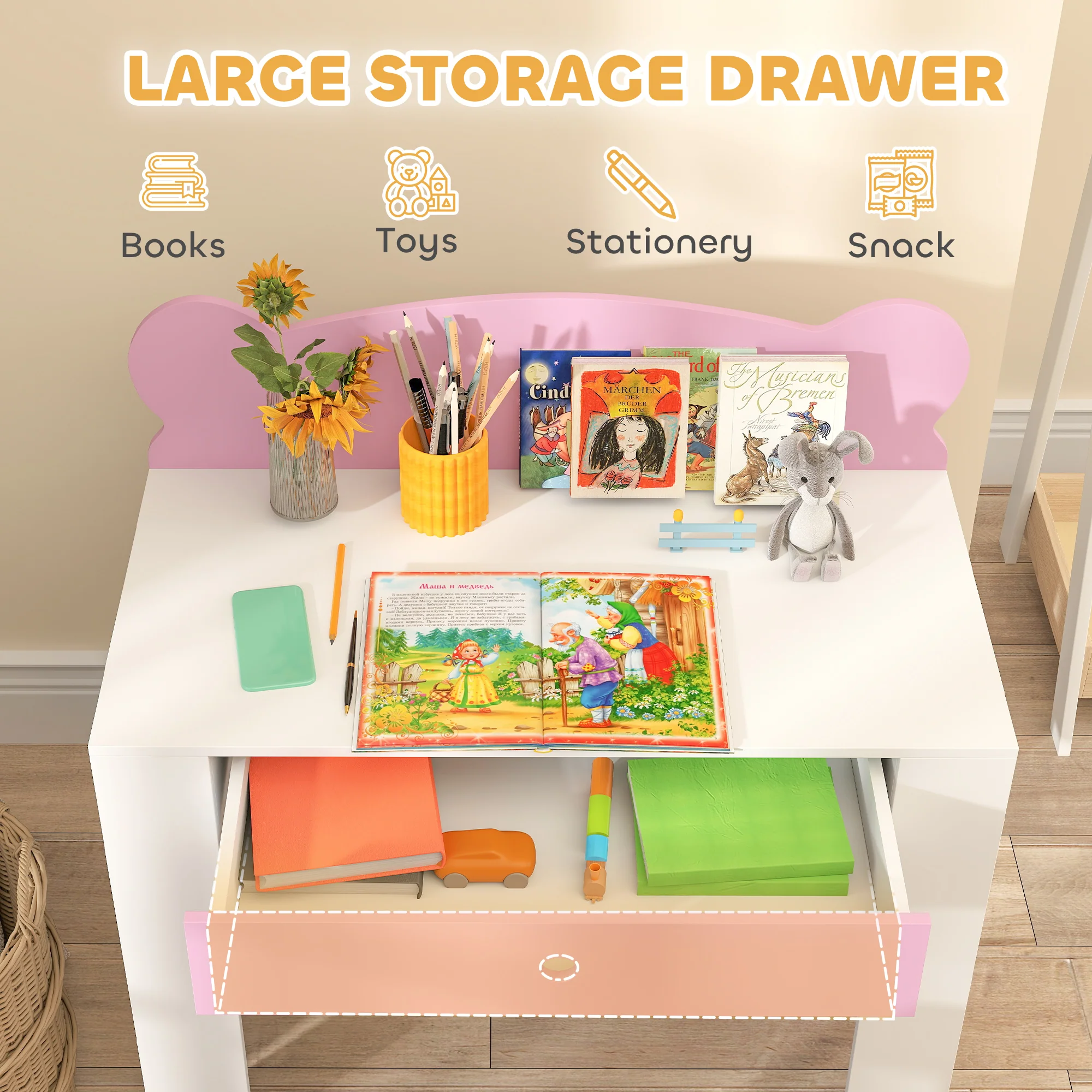 AIYAPLAY Kids Desk and Chair Set, Children Writing Table with Drawer, Pink - Image 4
