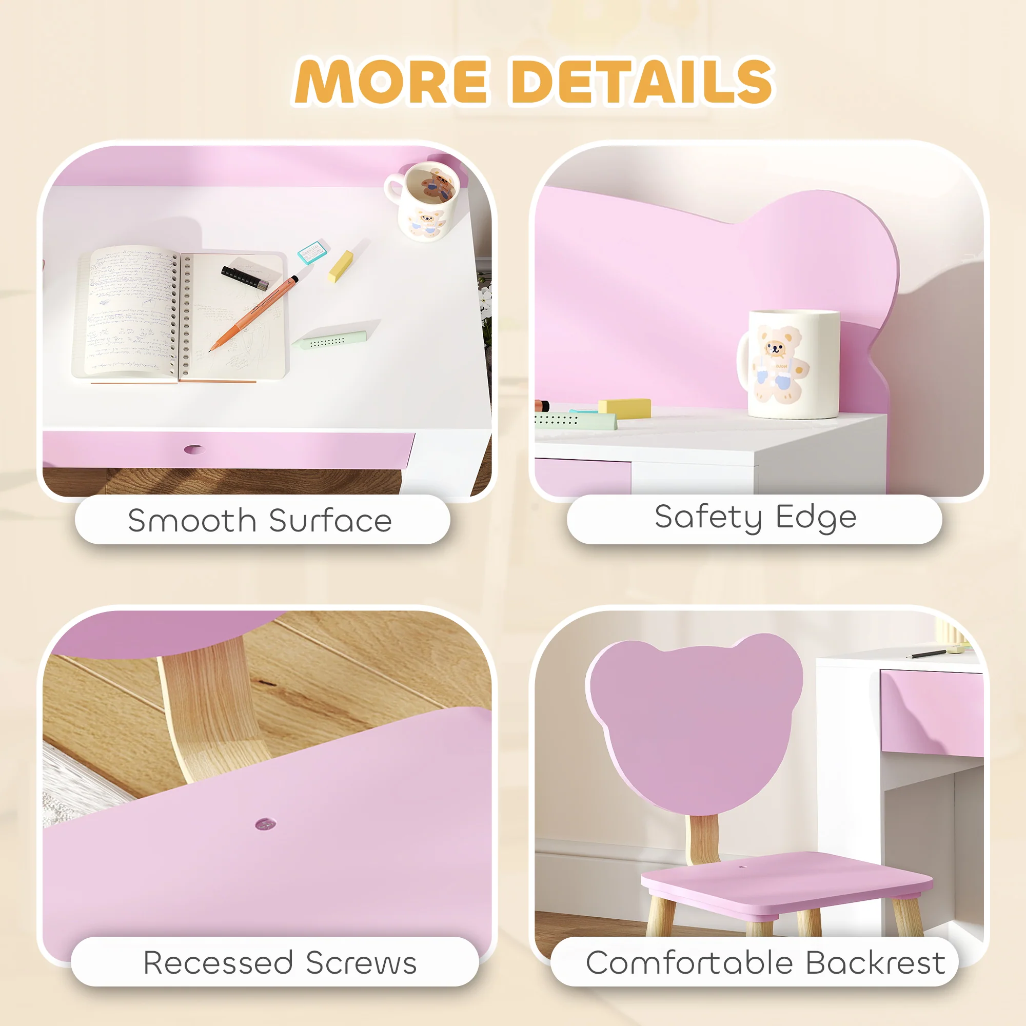 AIYAPLAY Kids Desk and Chair Set, Children Writing Table with Drawer, Pink - Image 6