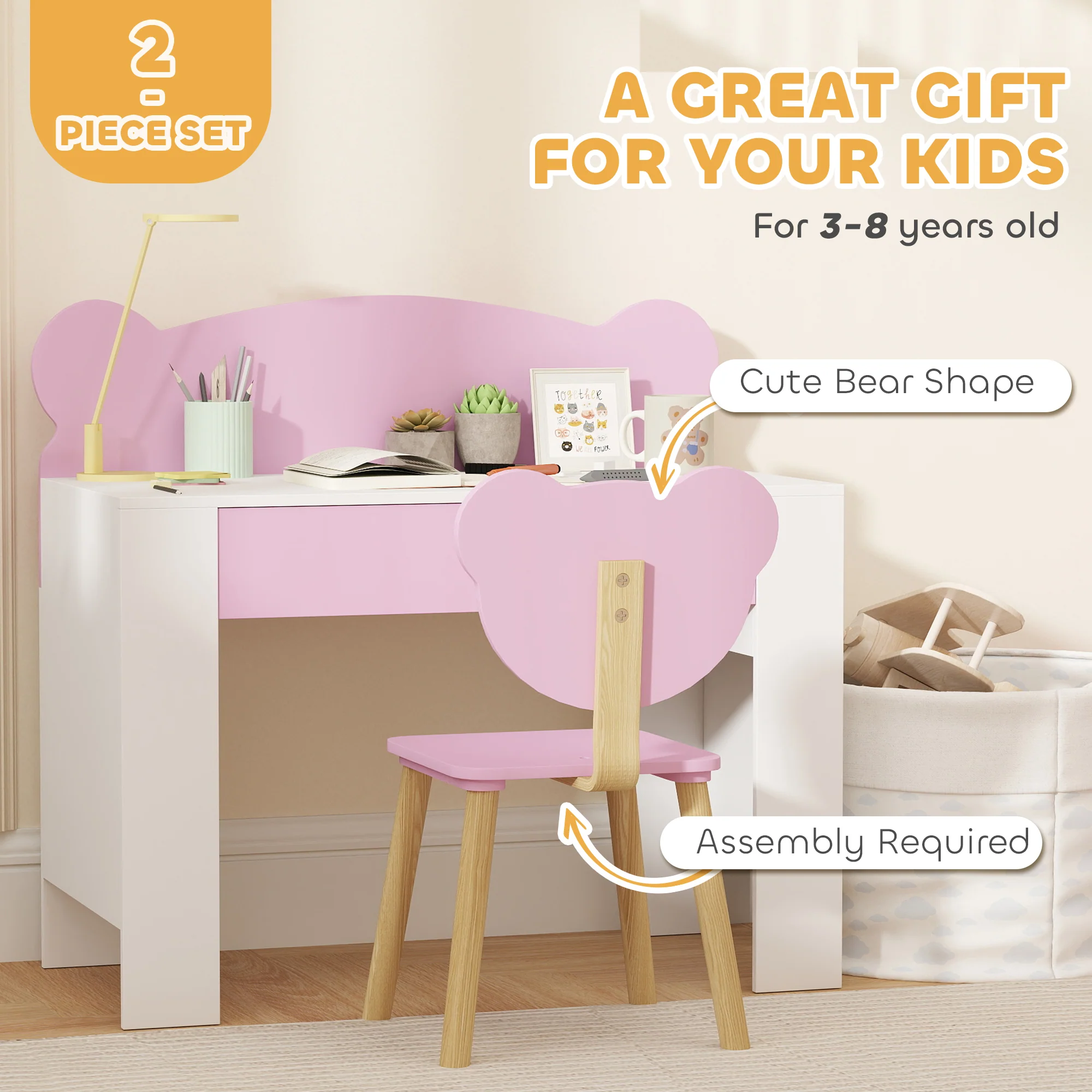 AIYAPLAY Kids Desk and Chair Set, Children Writing Table with Drawer, Pink - Image 7