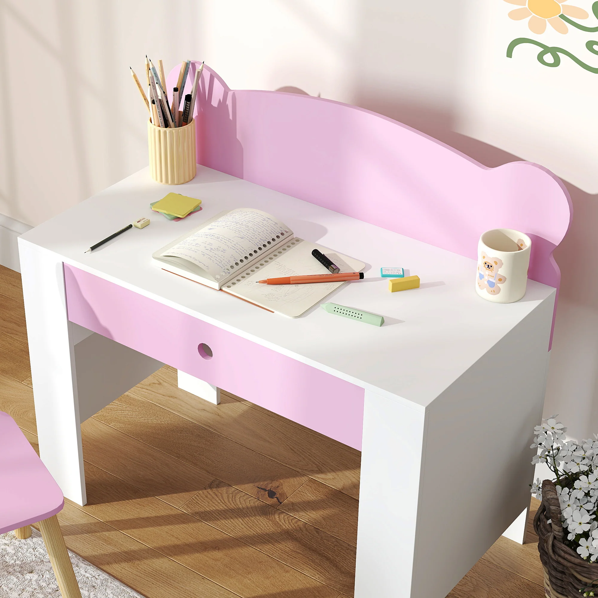 AIYAPLAY Kids Desk and Chair Set, Children Writing Table with Drawer, Pink - Image 9