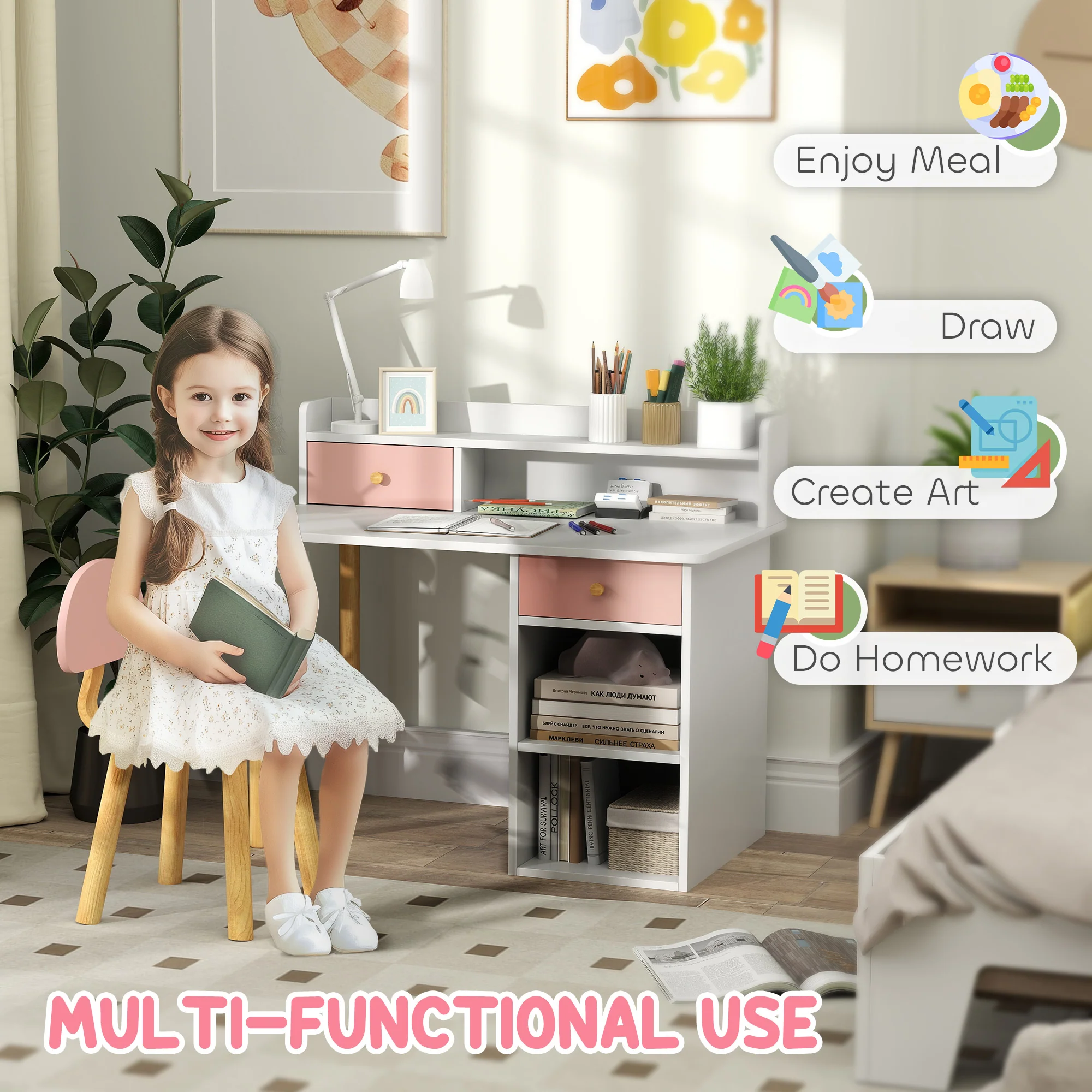 AIYAPLAY Kids Desk and Chair Set for Studying, Reading and Drawing - Pink - Image 3