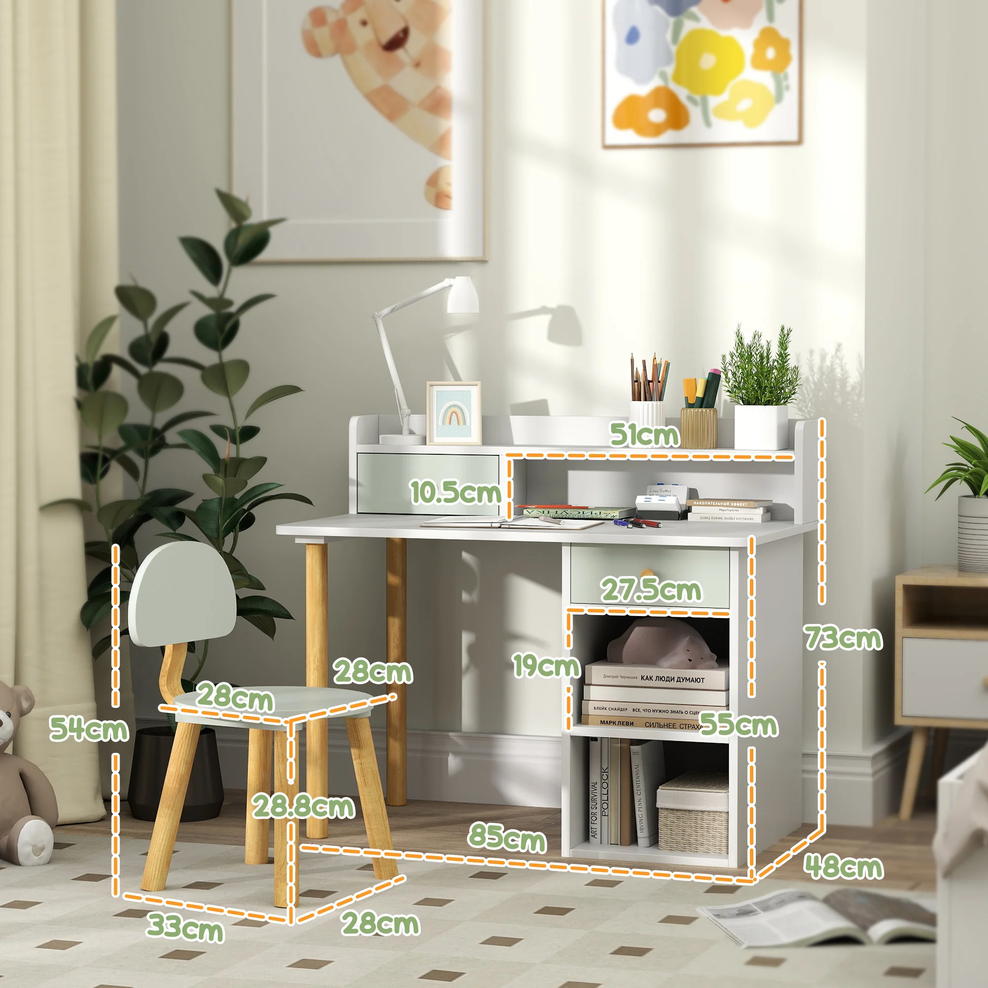 AIYAPLAY Kids Desk and Chair Set for Studying, Reading, Drawing, Green - Image 5