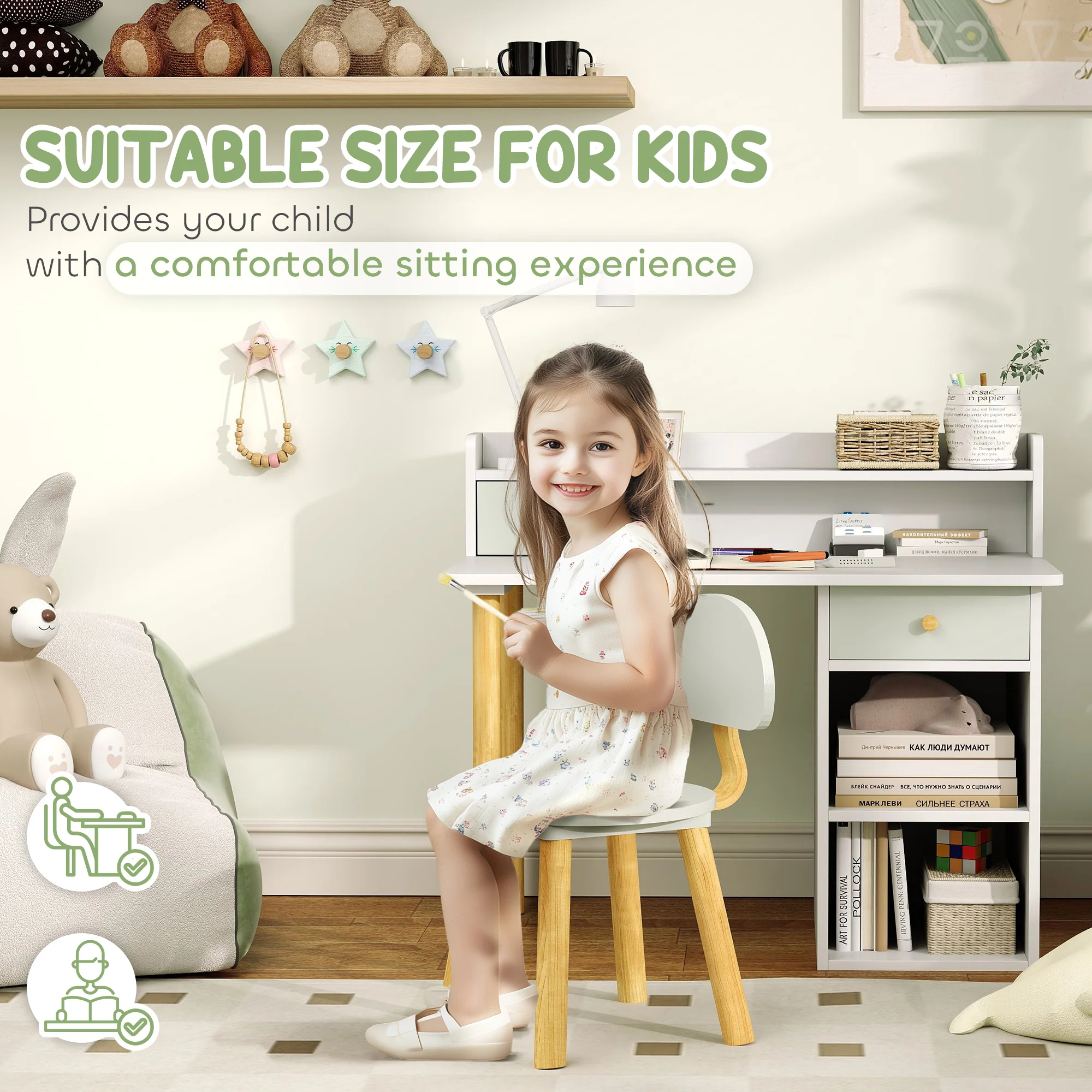 AIYAPLAY Kids Desk and Chair Set for Studying, Reading, Drawing, Green - Image 6