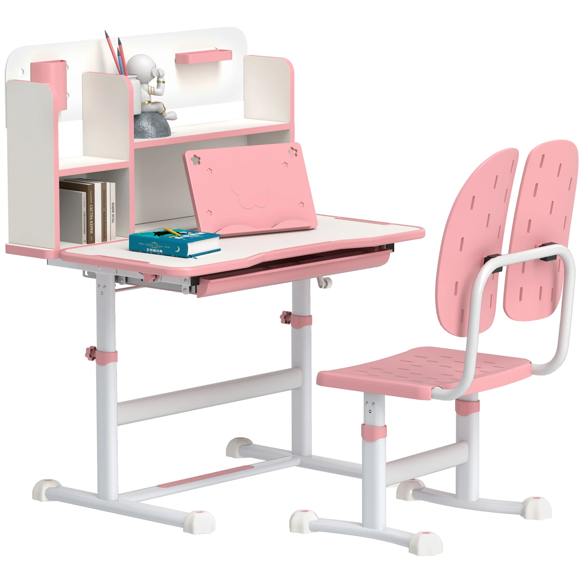 AIYAPLAY Kids Desk And Chair Set W/ Tiltable Desktop Reading Rack - Pink