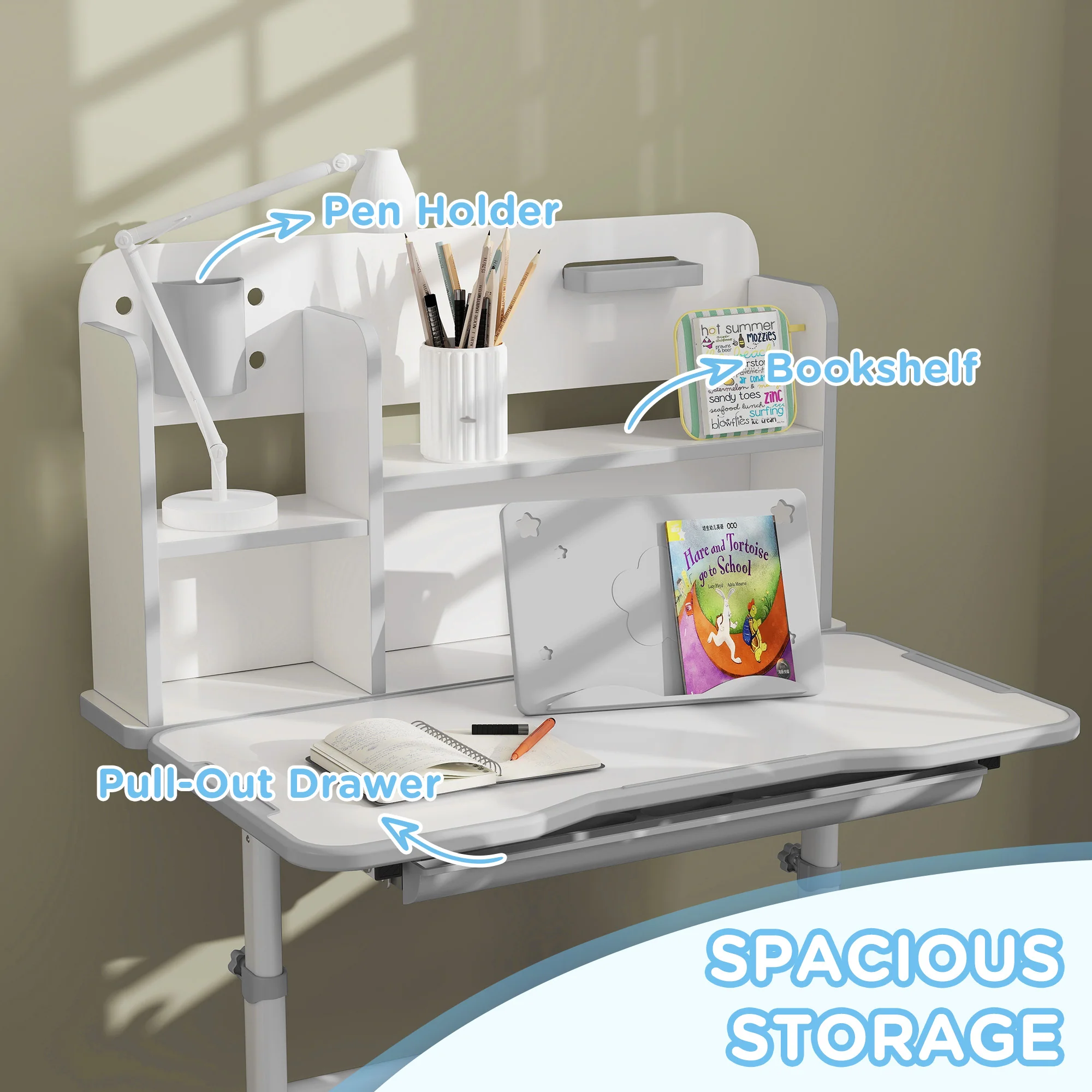 AIYAPLAY Kids Desk And Chair Set W/ Tiltable Desktop Reading Rack - Pink - Image 15