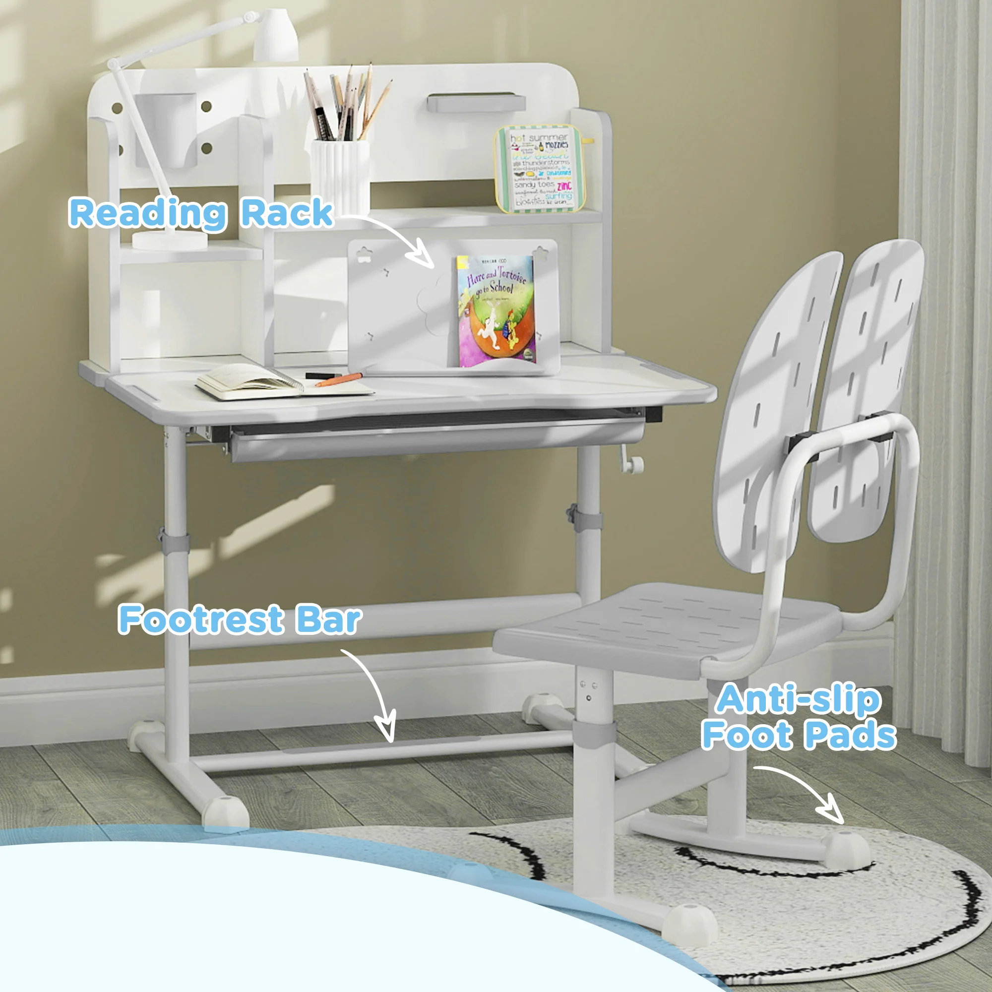 AIYAPLAY Kids Desk And Chair Set W/ Tiltable Desktop Reading Rack - Pink - Image 16