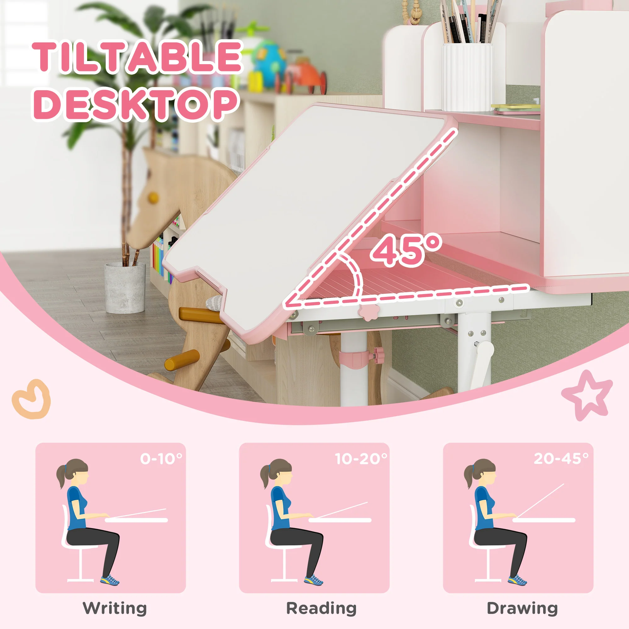 AIYAPLAY Kids Desk And Chair Set W/ Tiltable Desktop Reading Rack - Pink - Image 3