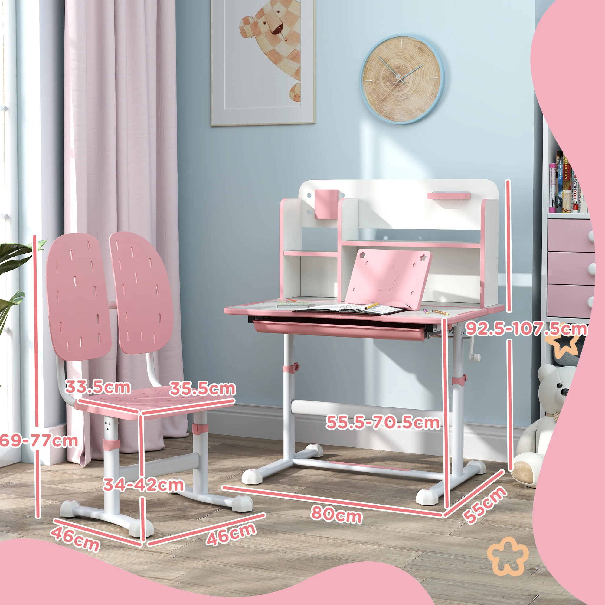AIYAPLAY Kids Desk And Chair Set W/ Tiltable Desktop Reading Rack - Pink - Image 5