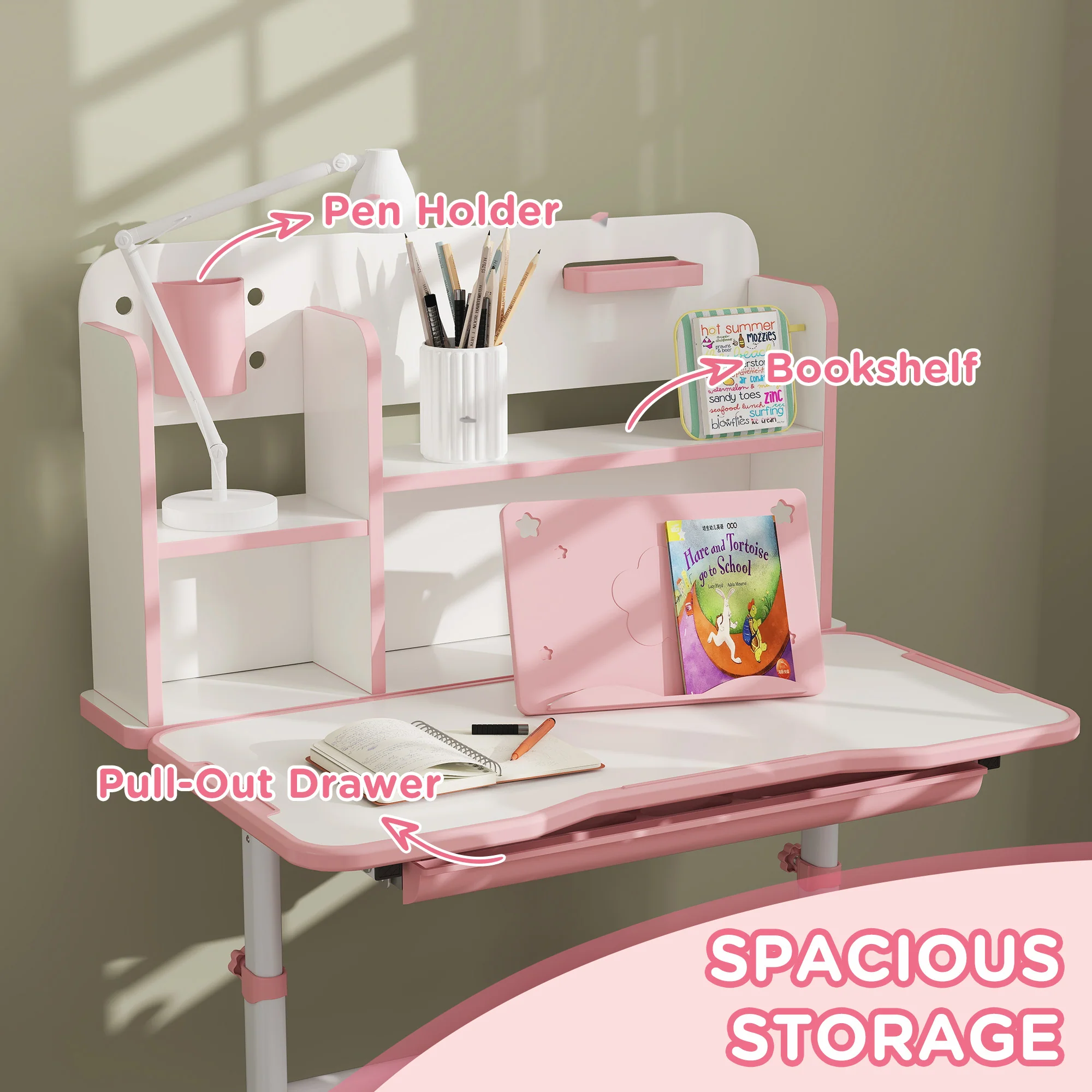 AIYAPLAY Kids Desk And Chair Set W/ Tiltable Desktop Reading Rack - Pink - Image 6
