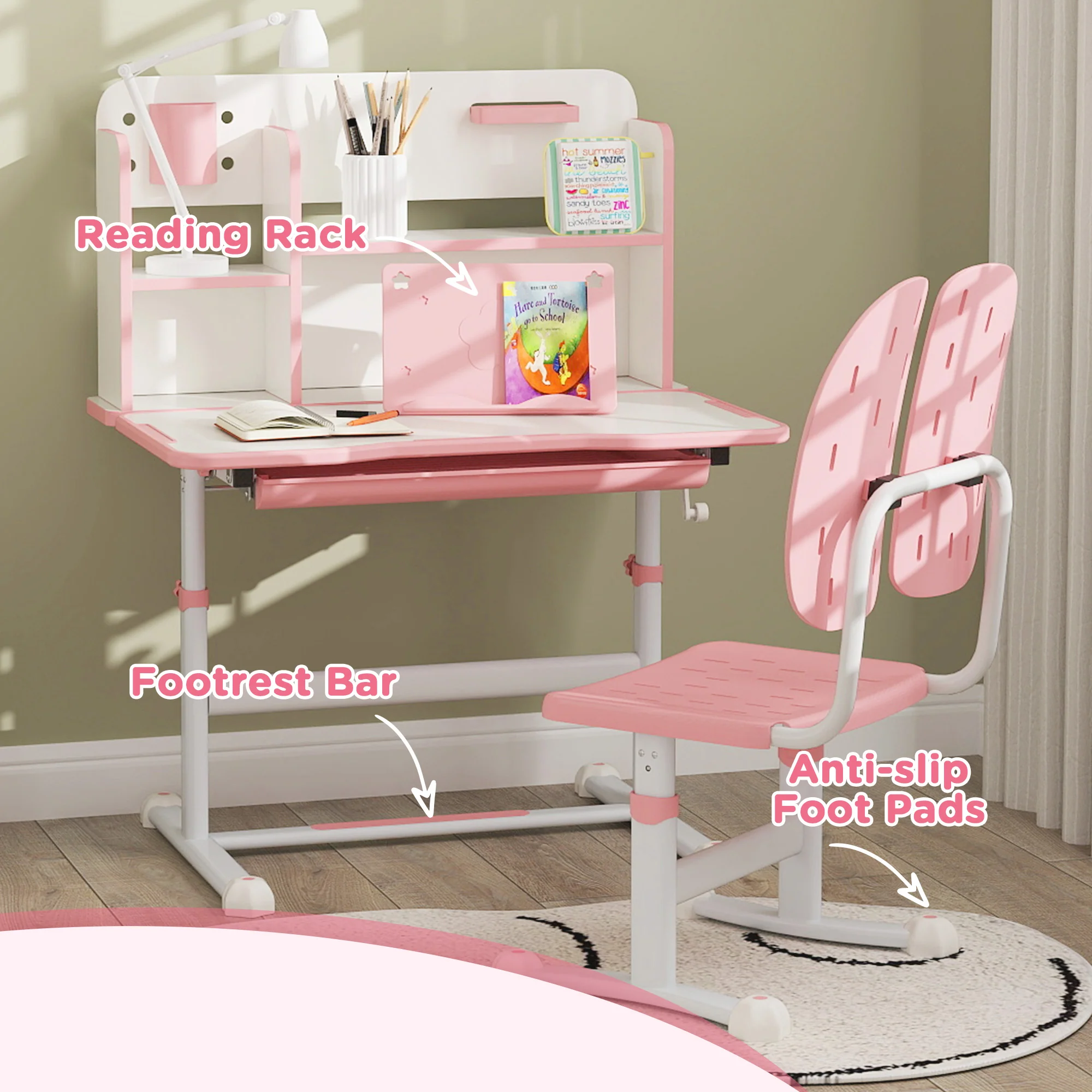 AIYAPLAY Kids Desk And Chair Set W/ Tiltable Desktop Reading Rack - Pink - Image 7