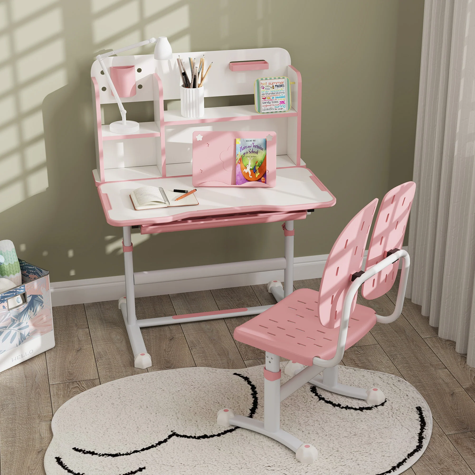 AIYAPLAY Kids Desk And Chair Set W/ Tiltable Desktop Reading Rack - Pink - Image 8