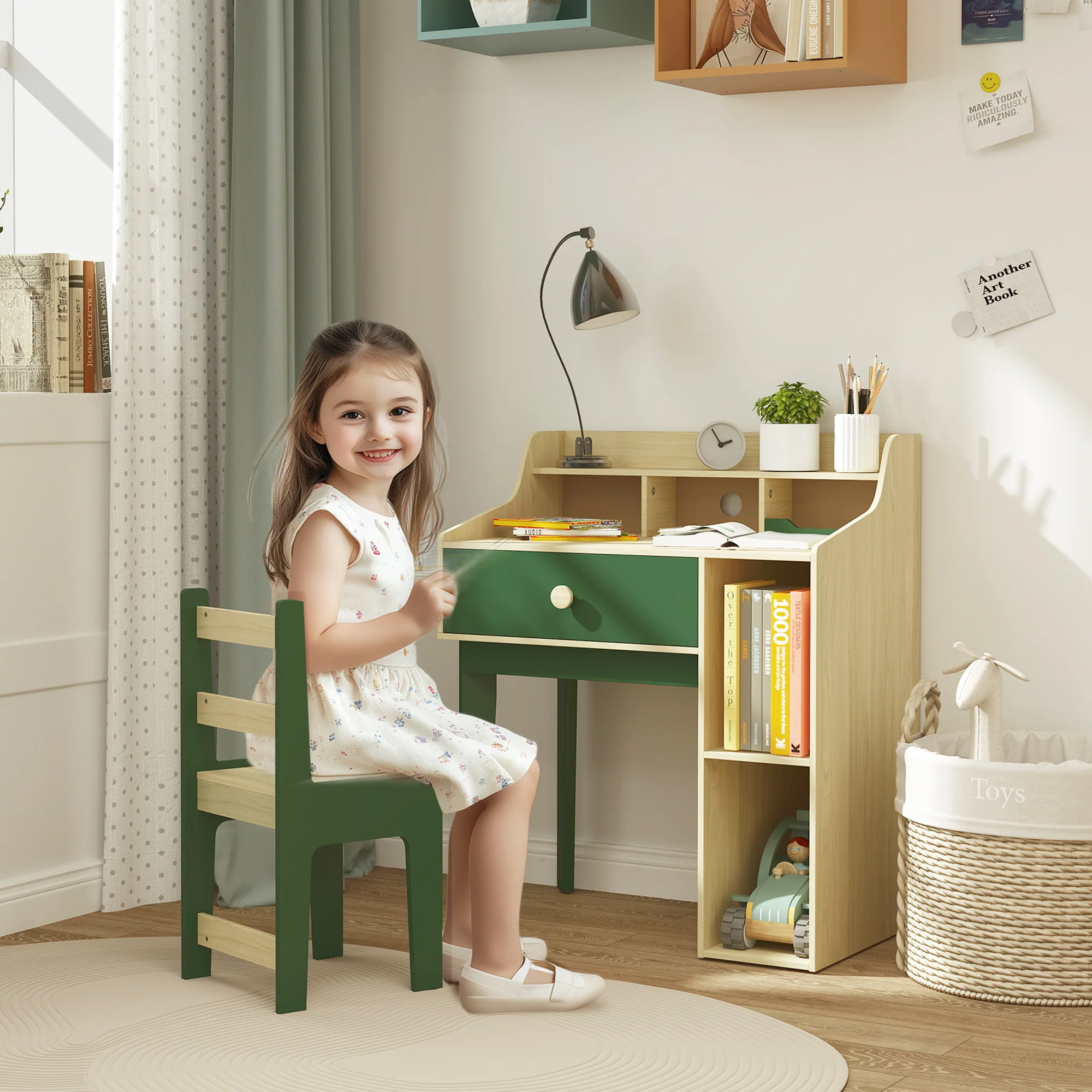 AIYAPLAY Kids Desk and Chair Set with Storage Shelves, Drawer, Green - Image 2