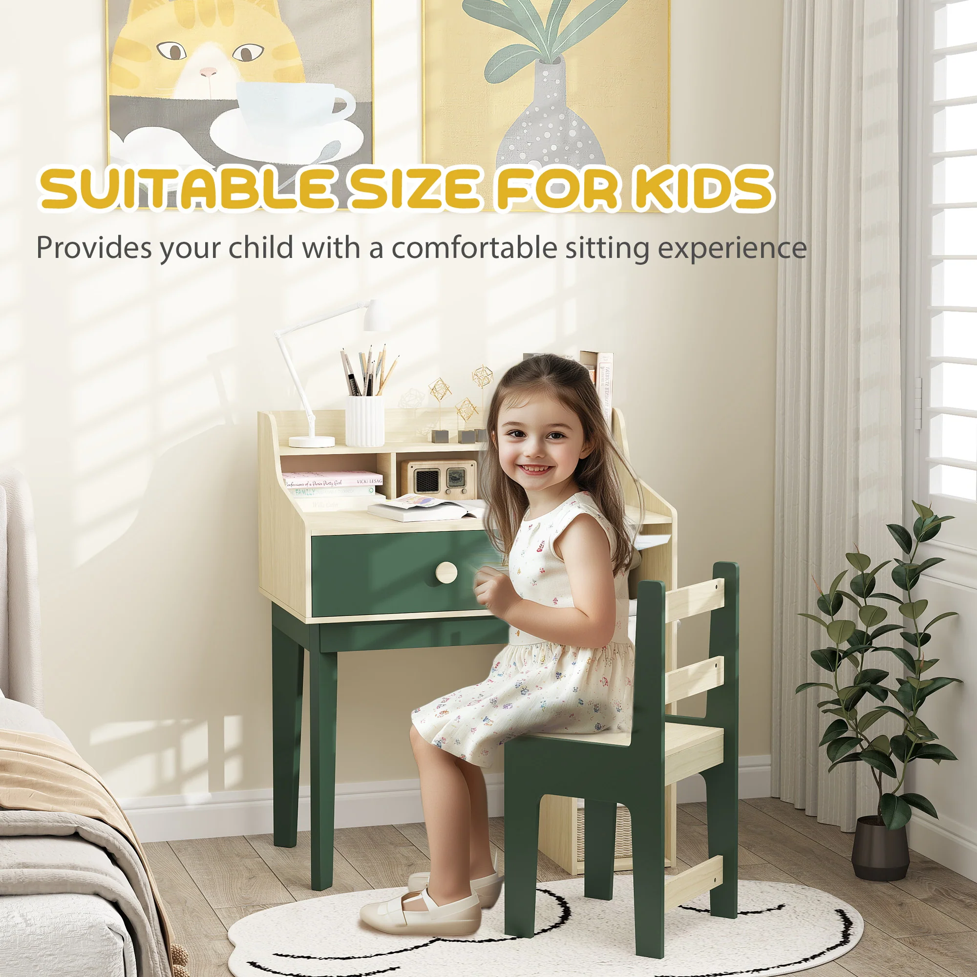 AIYAPLAY Kids Desk and Chair Set with Storage Shelves, Drawer, Green - Image 6