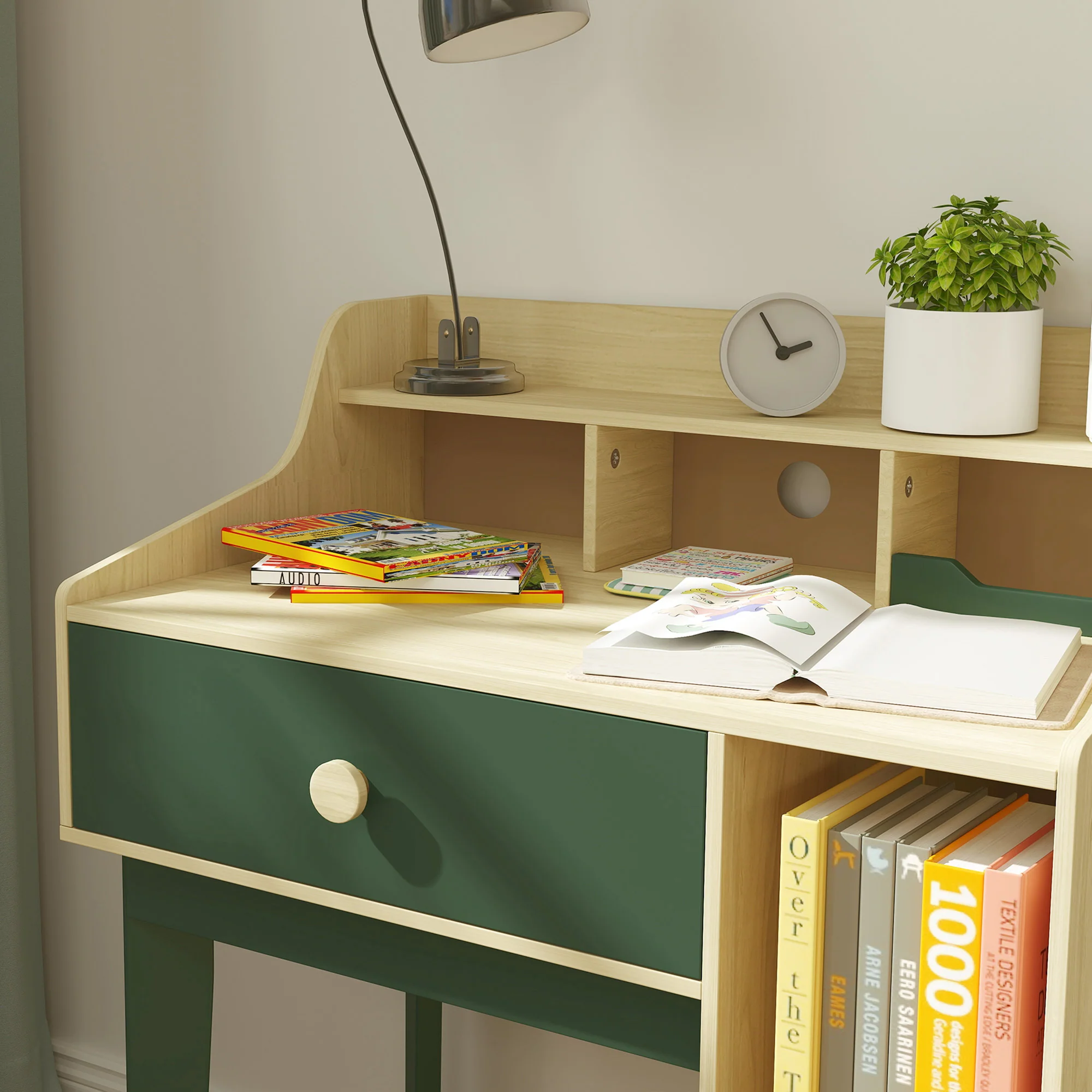 AIYAPLAY Kids Desk and Chair Set with Storage Shelves, Drawer, Green - Image 9