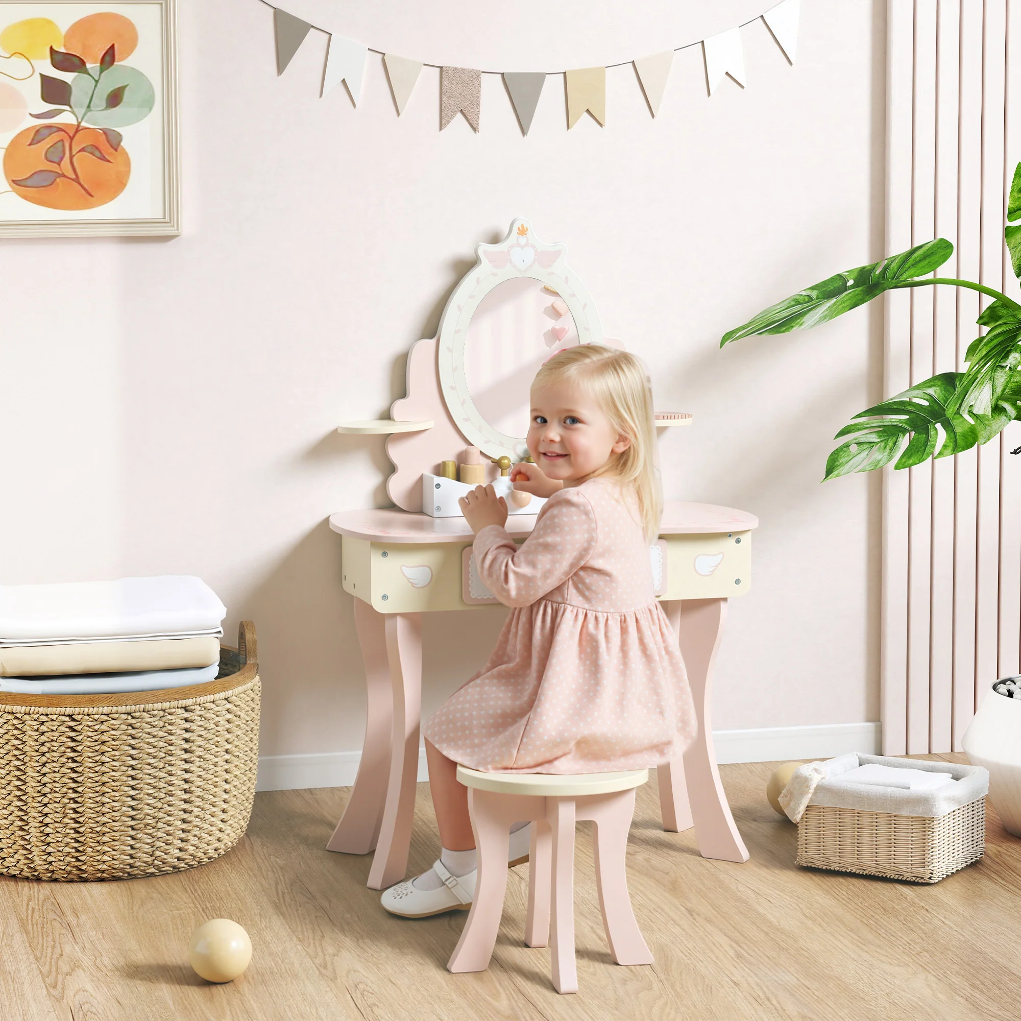 AIYAPLAY Kids Dressing Table, Girls Vanity Set w/ Stool, 7 Play Accessories - Image 2
