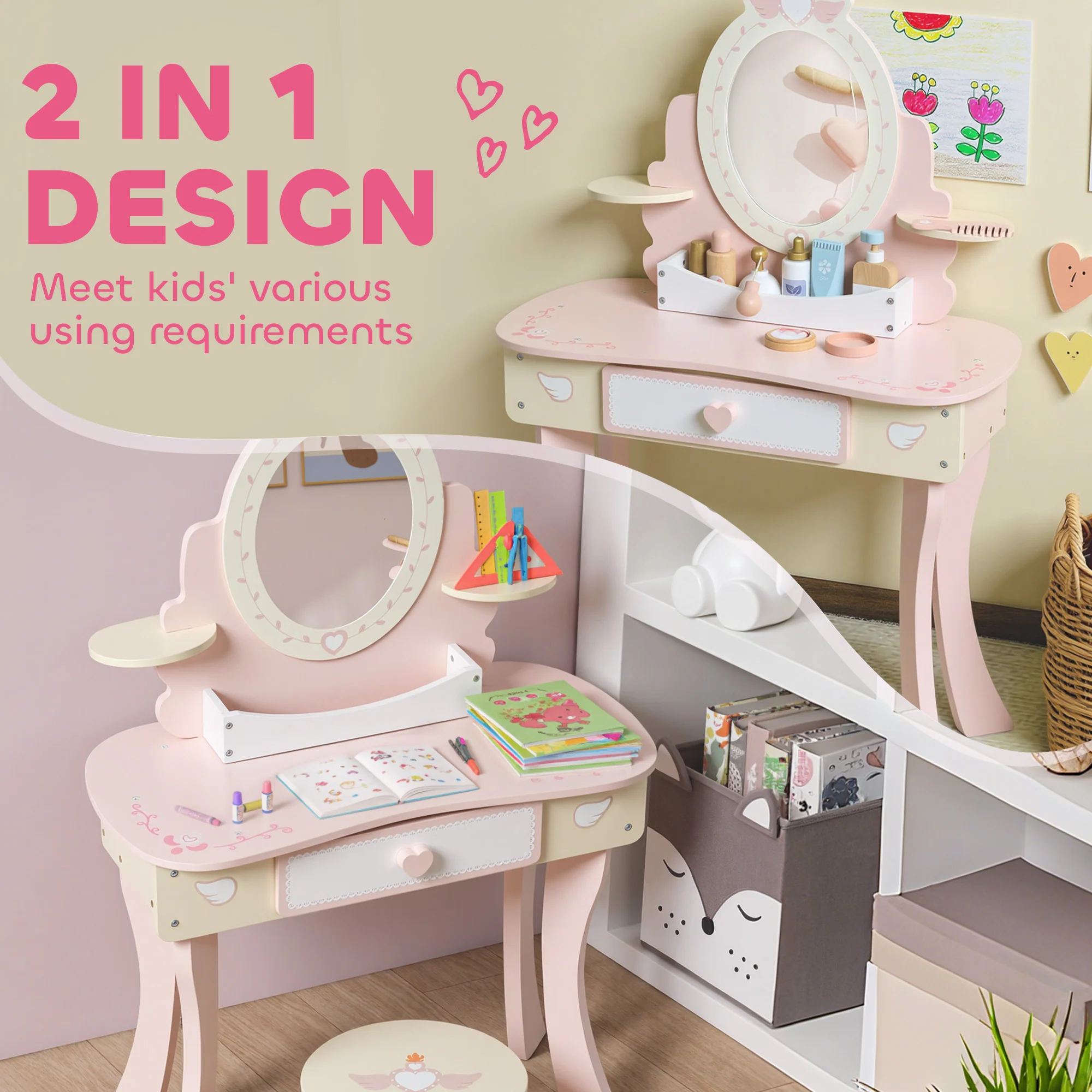 AIYAPLAY Kids Dressing Table, Girls Vanity Set w/ Stool, 7 Play Accessories - Image 3
