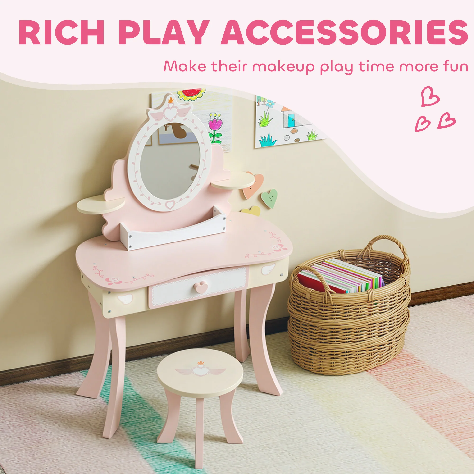 AIYAPLAY Kids Dressing Table, Girls Vanity Set w/ Stool, 7 Play Accessories - Image 4