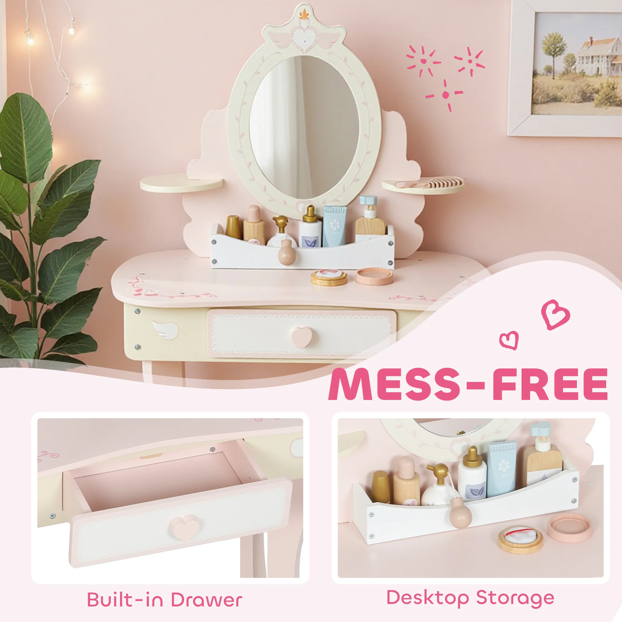 AIYAPLAY Kids Dressing Table, Girls Vanity Set w/ Stool, 7 Play Accessories - Image 6