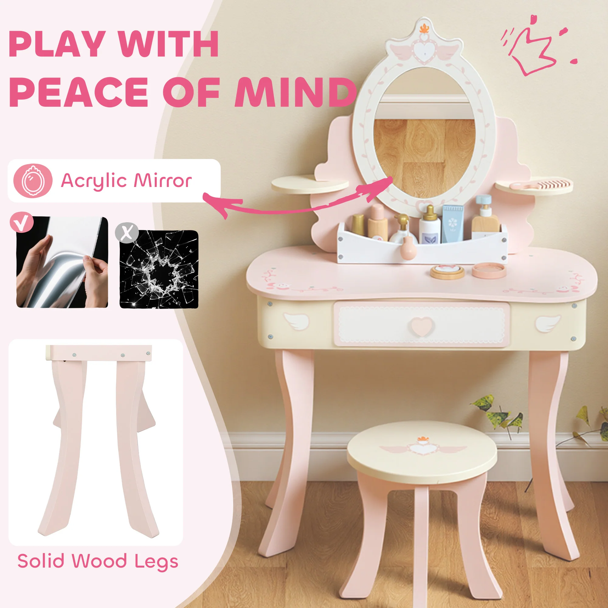AIYAPLAY Kids Dressing Table, Girls Vanity Set w/ Stool, 7 Play Accessories - Image 7