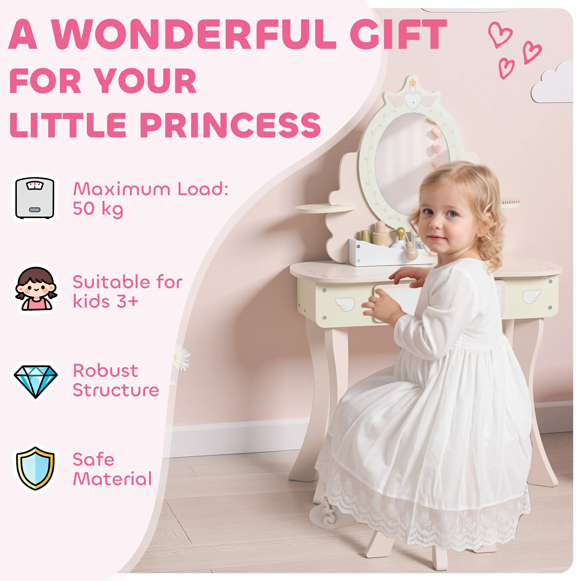 AIYAPLAY Kids Dressing Table, Girls Vanity Set w/ Stool, 7 Play Accessories - Image 8