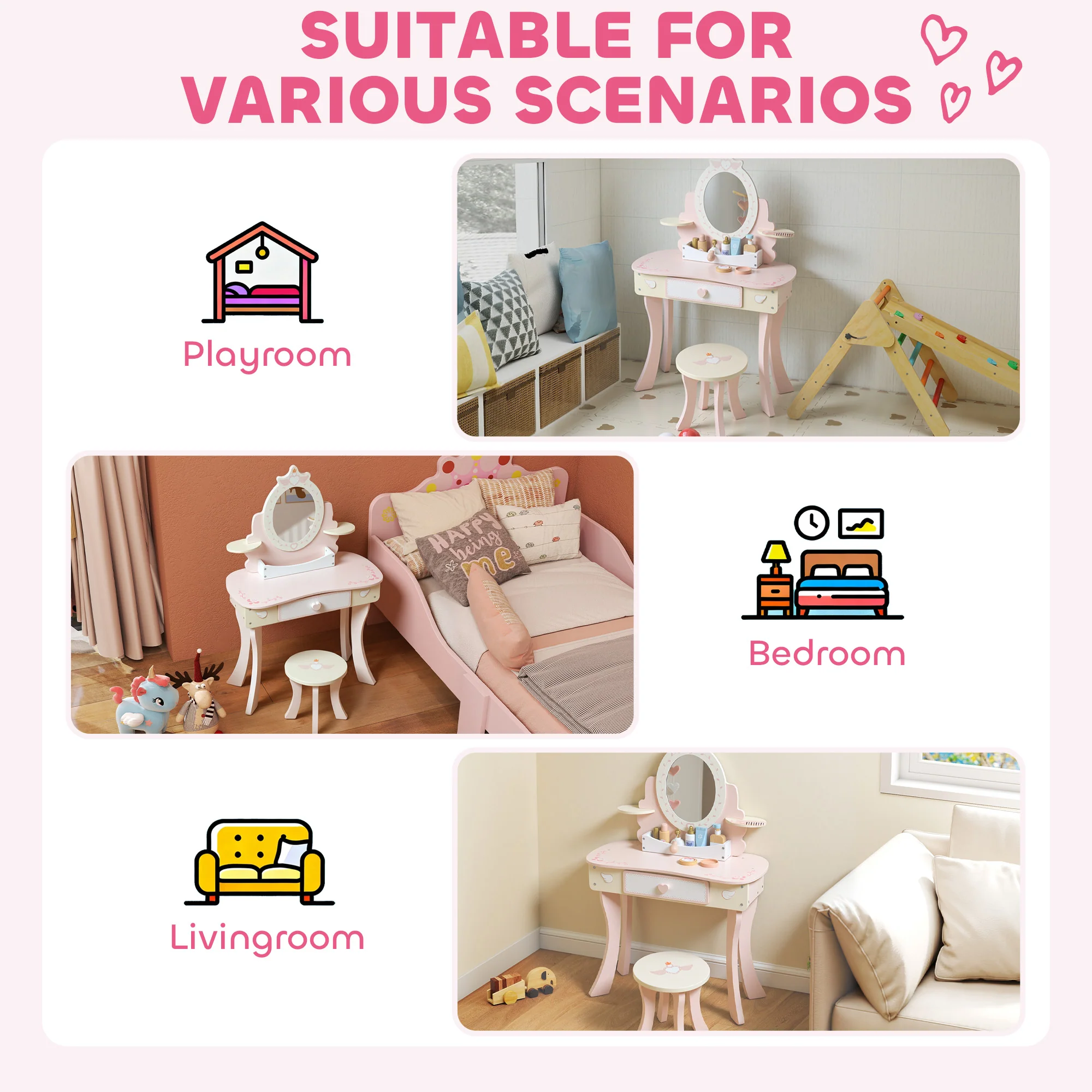 AIYAPLAY Kids Dressing Table, Girls Vanity Set w/ Stool, 7 Play Accessories - Image 9