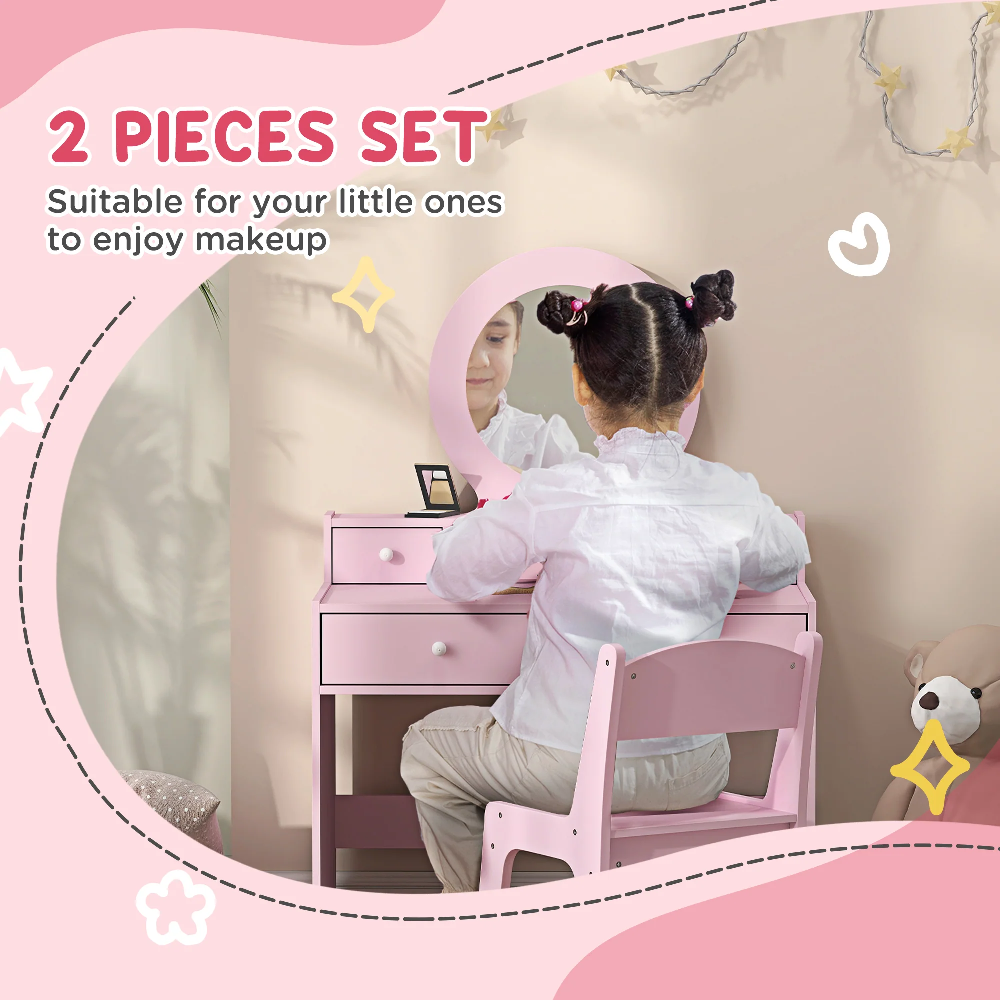 AIYAPLAY Kids Dressing Table Set W/ Stool, Mirror, Drawers - Pink - Image 3