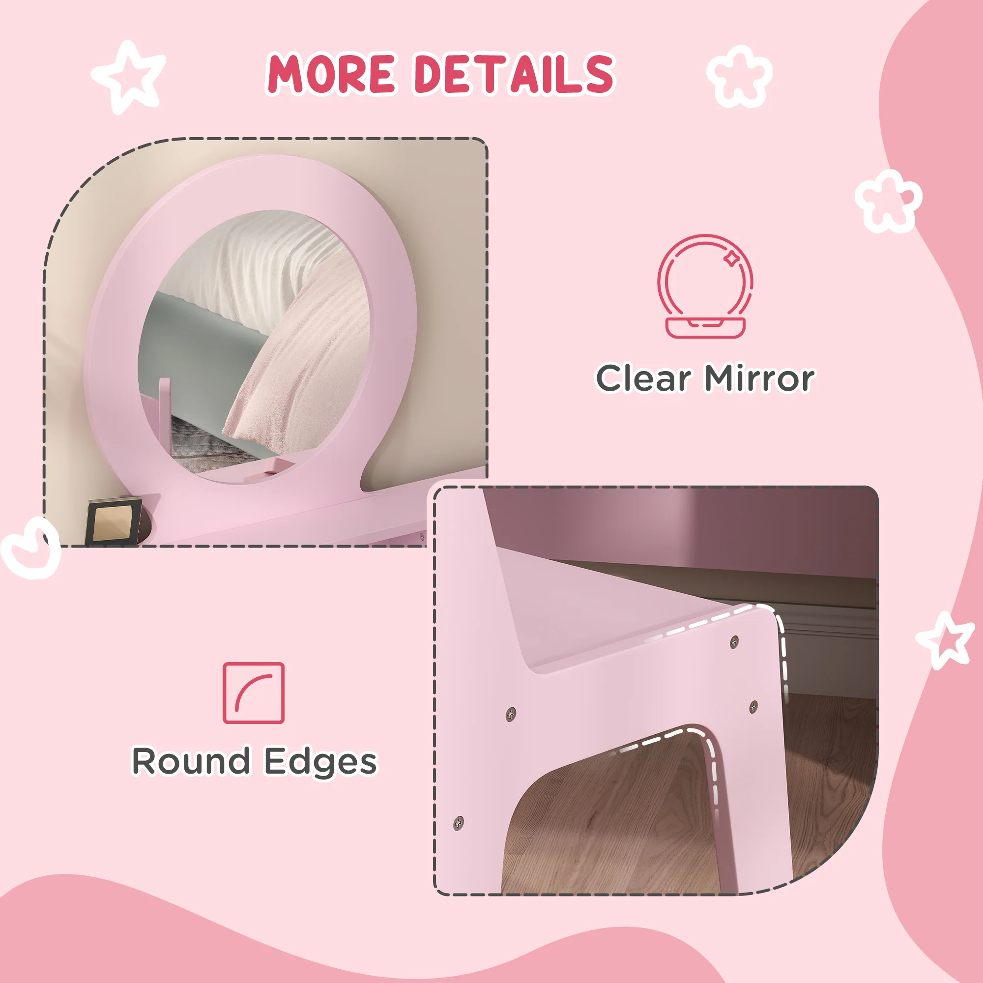 AIYAPLAY Kids Dressing Table Set W/ Stool, Mirror, Drawers - Pink - Image 6