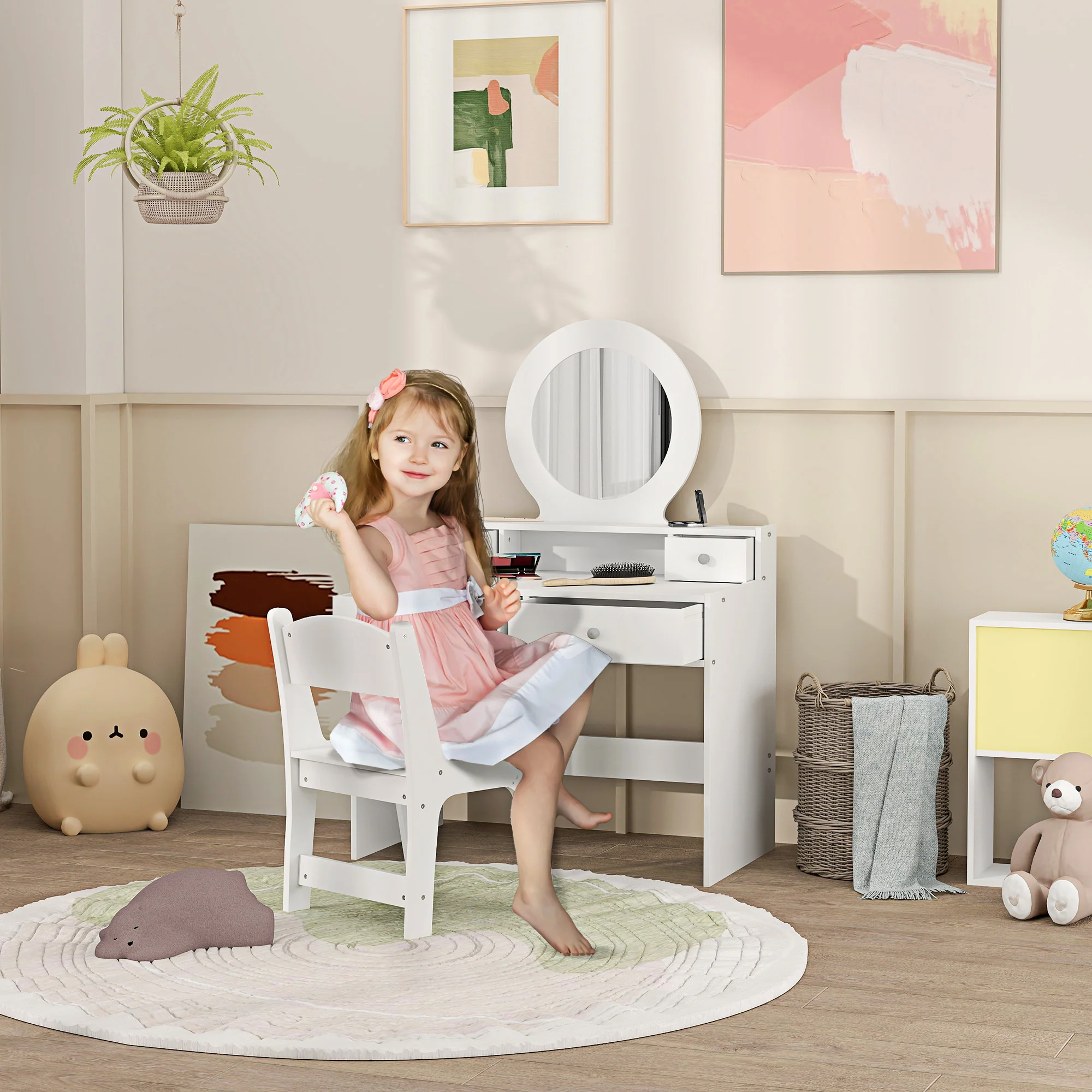 AIYAPLAY Kids Dressing Table Set W/ Stool, Mirror, Drawers - White - Image 2