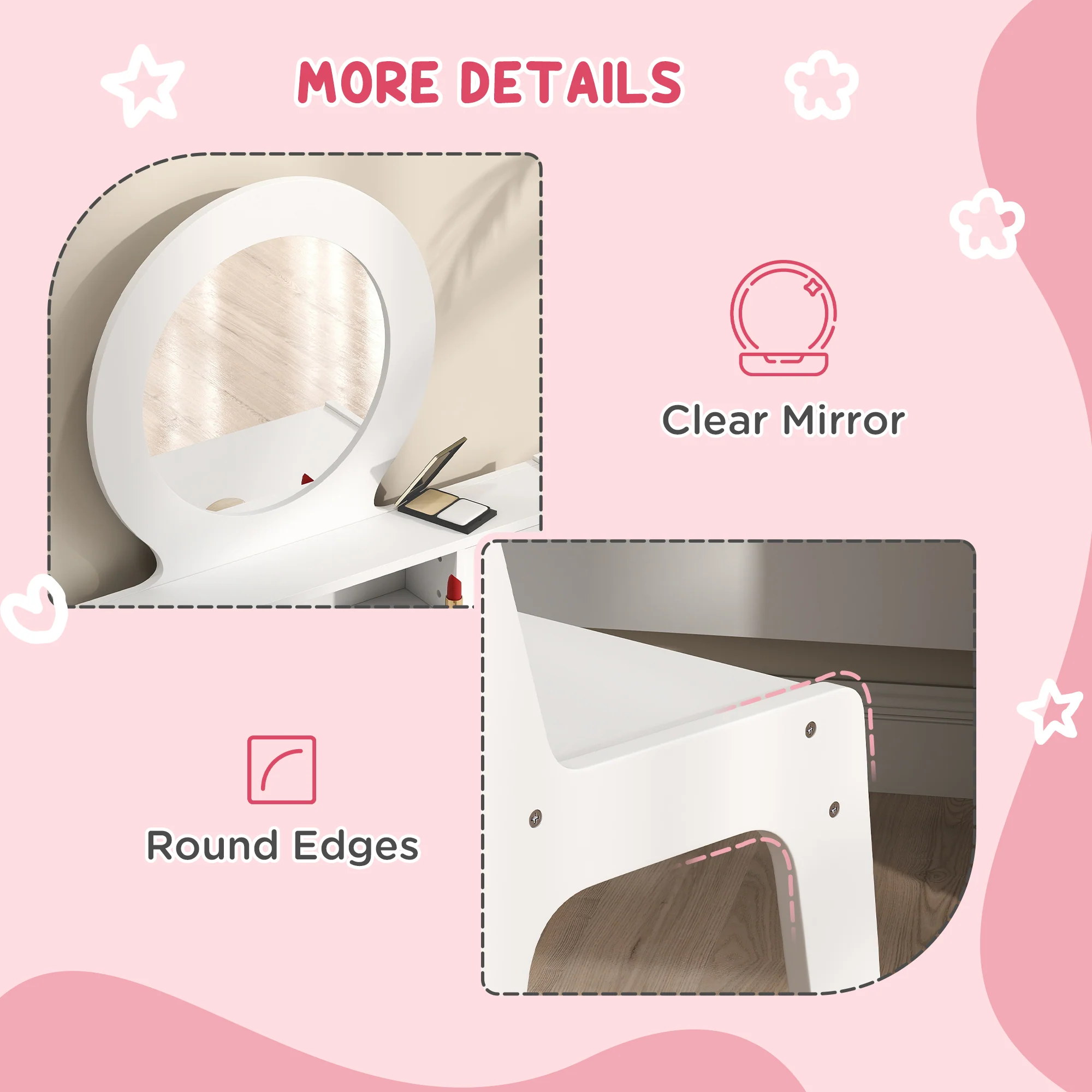 AIYAPLAY Kids Dressing Table Set W/ Stool, Mirror, Drawers - White - Image 6