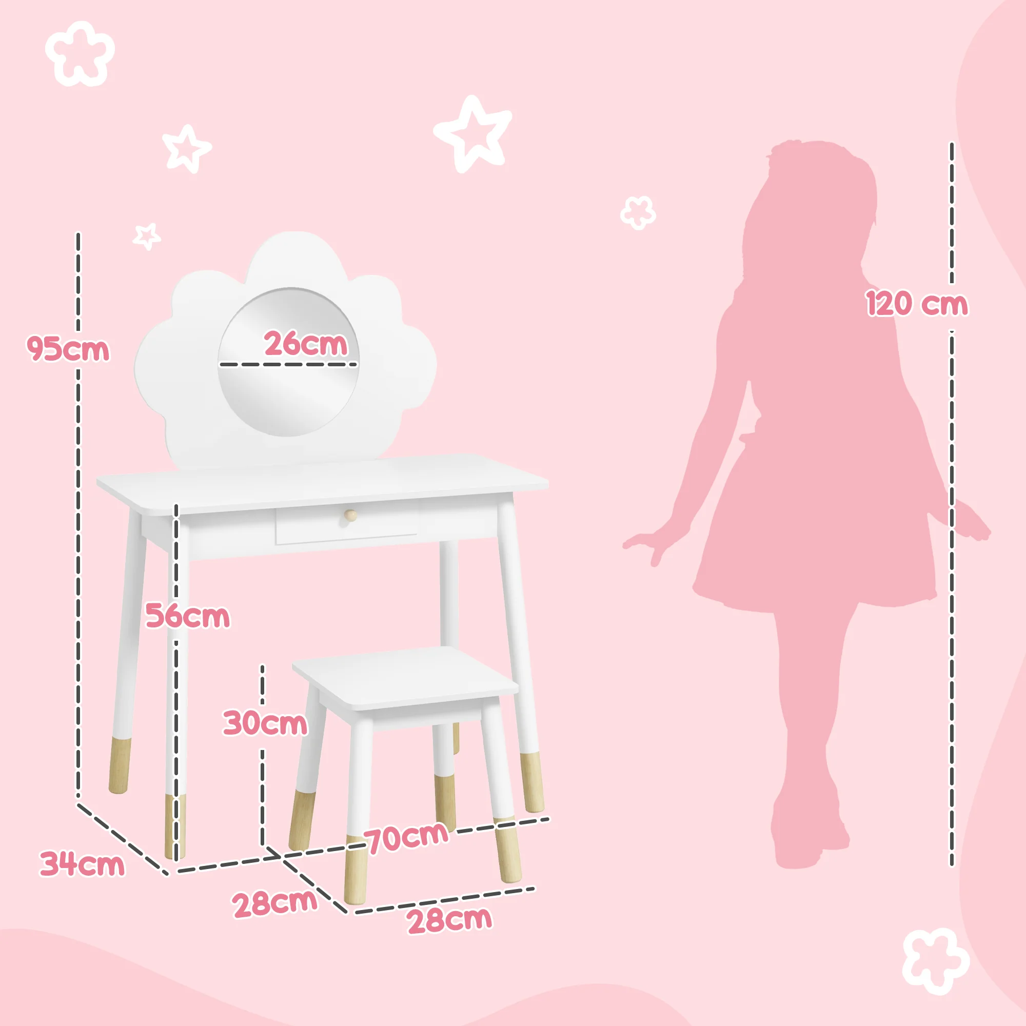 AIYAPLAY Kids Dressing Table with Mirror and Stool, Drawer, Cloud Design - Image 5