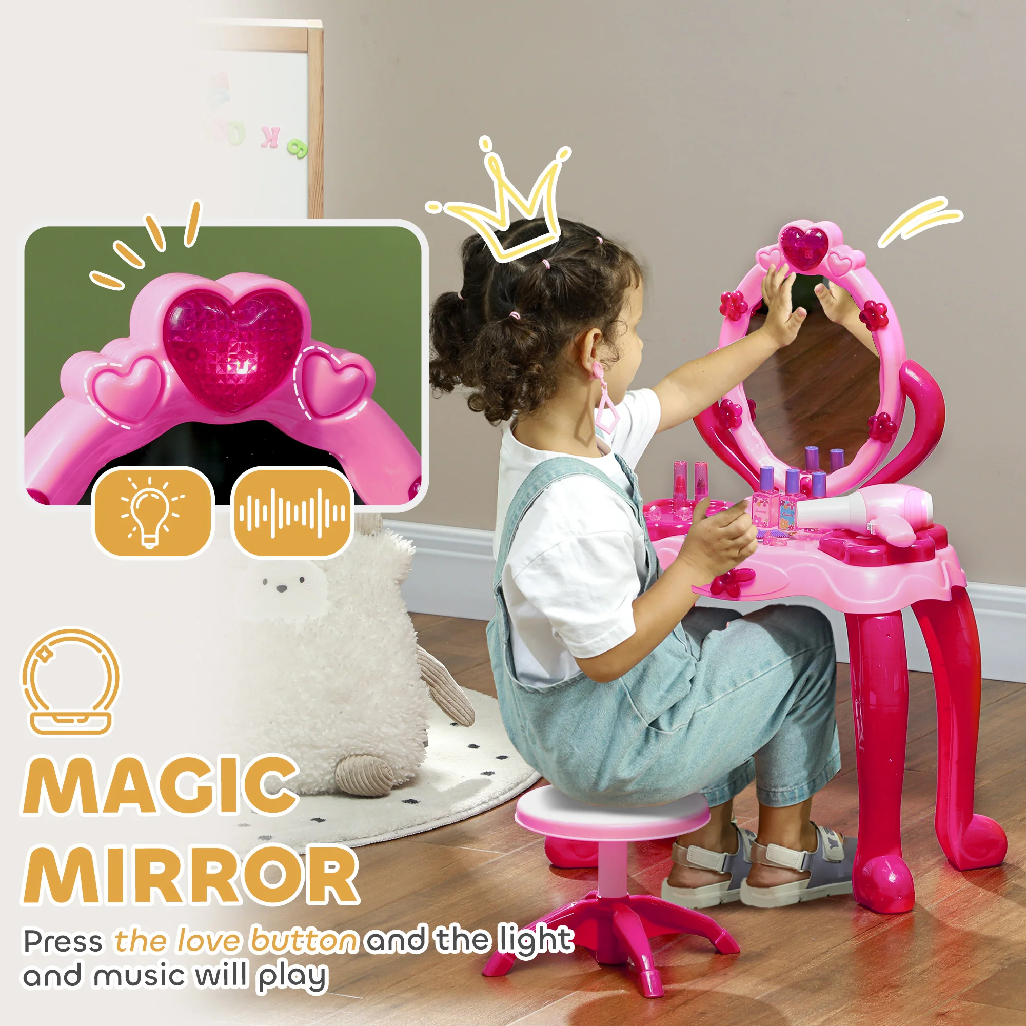 AIYAPLAY Kids Dressing Table With Mirror And Stool, Light, 15 Accessories - Image 3