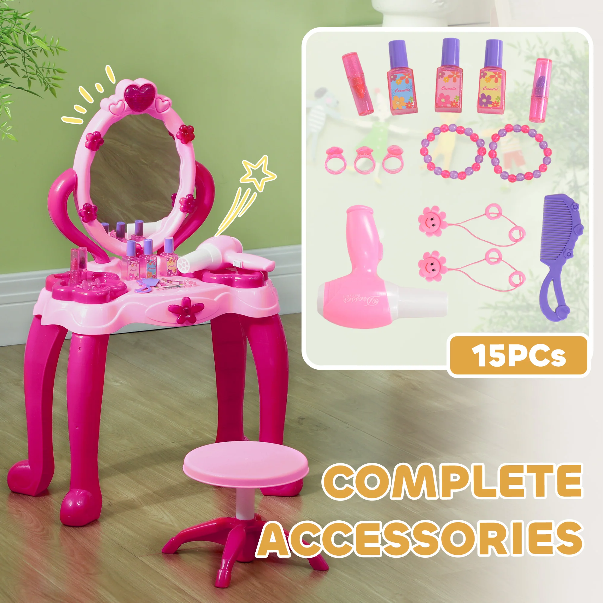 AIYAPLAY Kids Dressing Table With Mirror And Stool, Light, 15 Accessories - Image 7