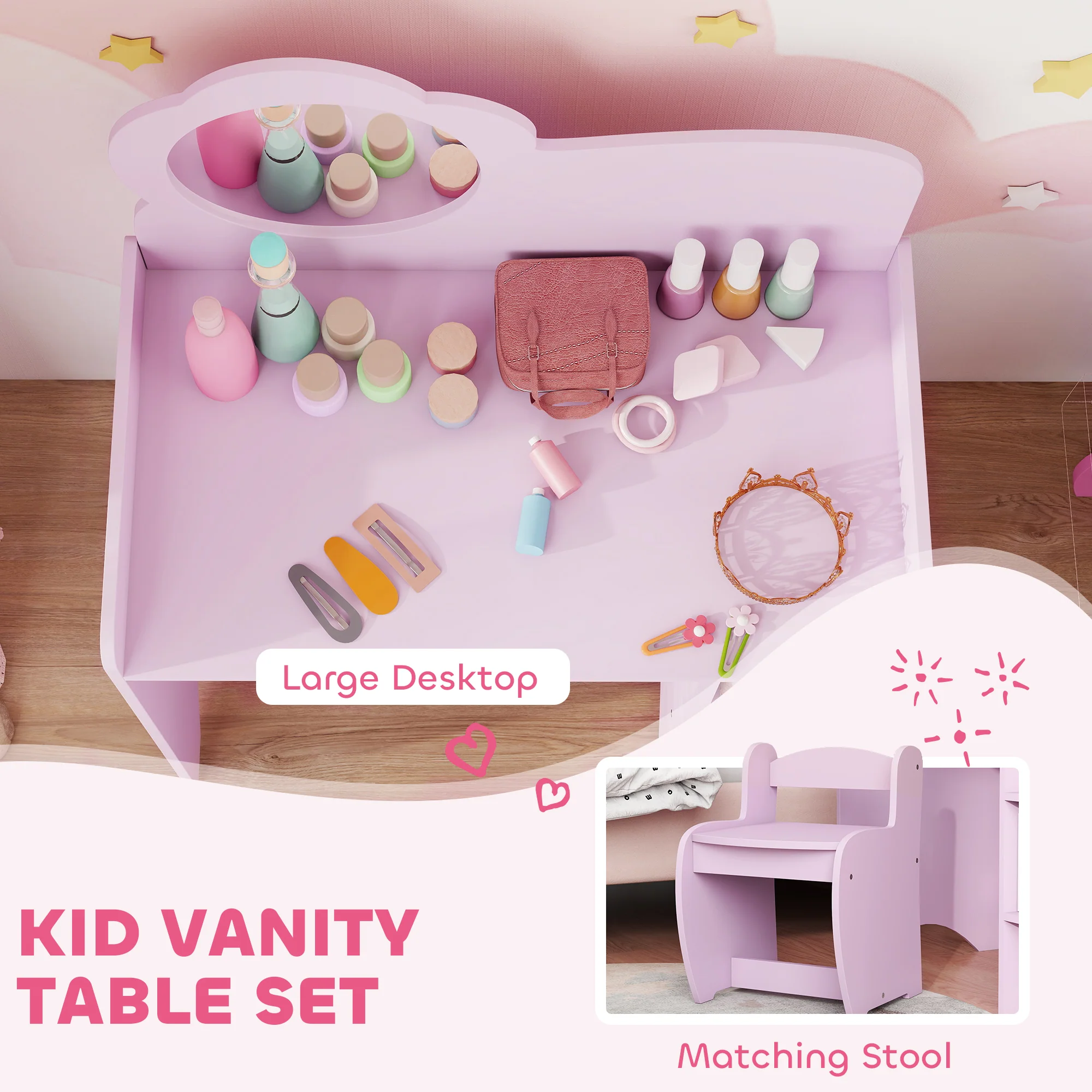 AIYAPLAY Kids Dressing Table With Mirror, Stool, Vanity Table, Purple - Image 3
