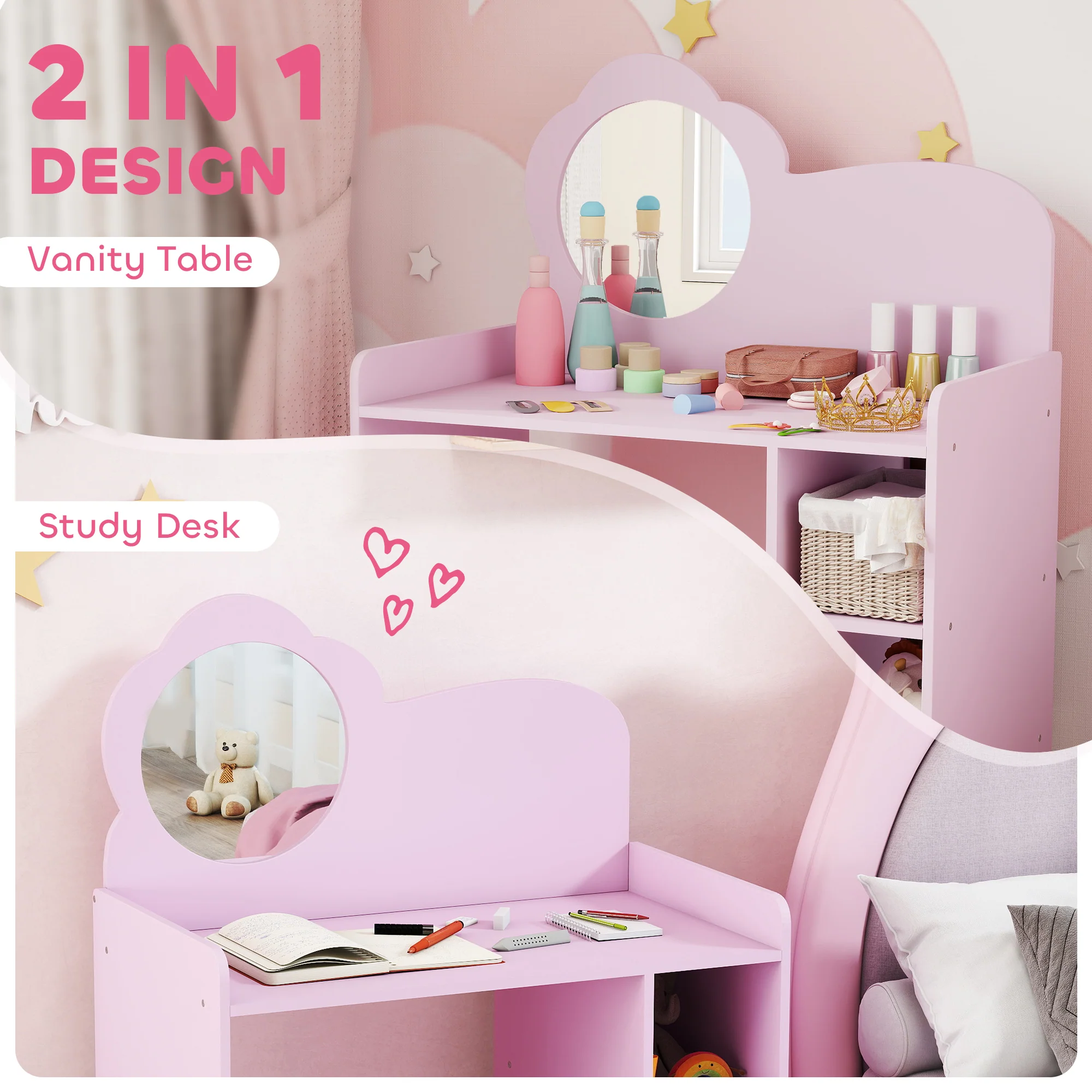 AIYAPLAY Kids Dressing Table With Mirror, Stool, Vanity Table, Purple - Image 4