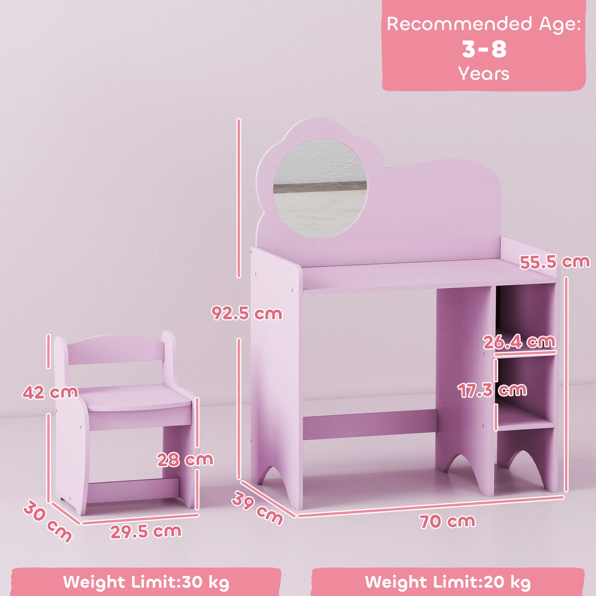 AIYAPLAY Kids Dressing Table With Mirror, Stool, Vanity Table, Purple - Image 5