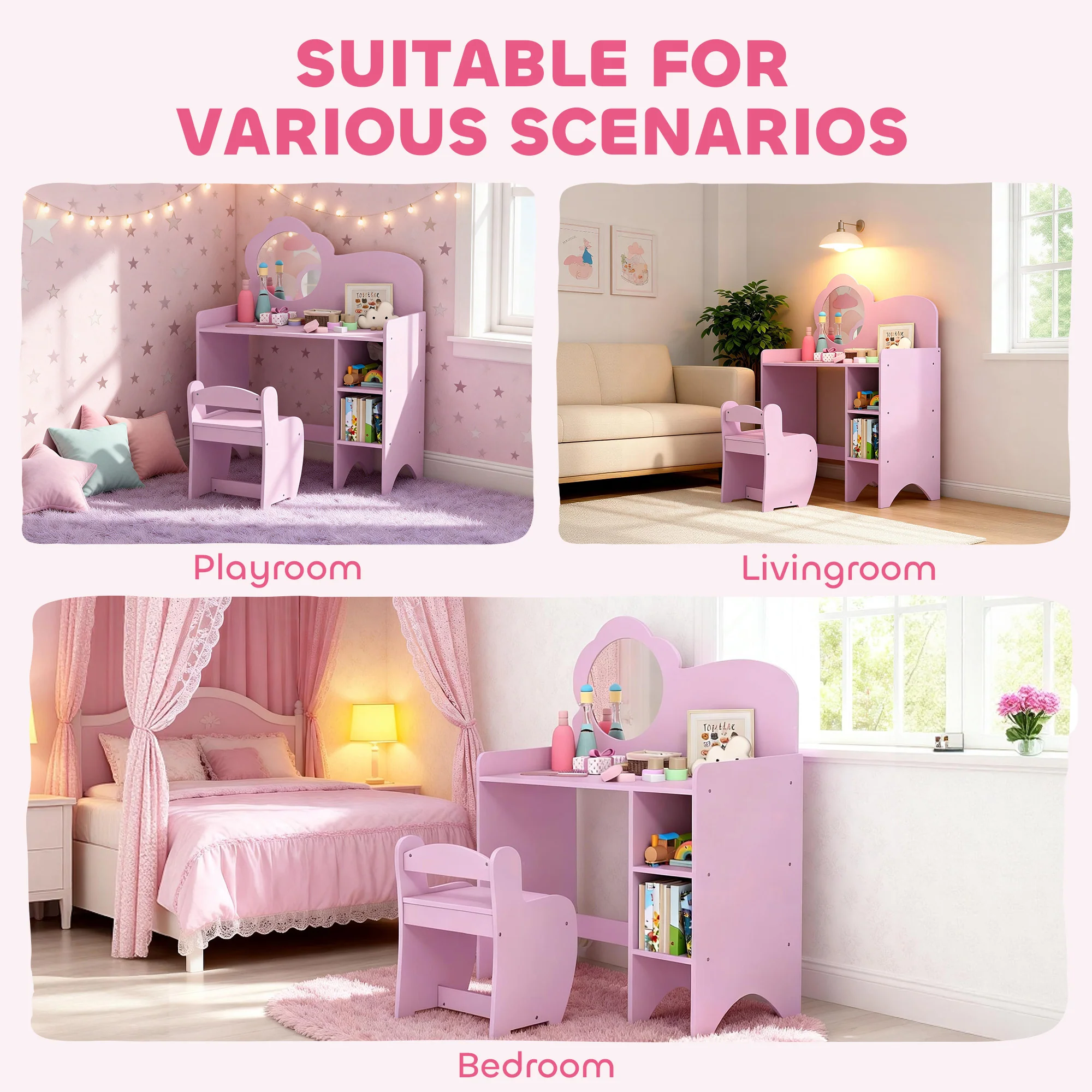 AIYAPLAY Kids Dressing Table With Mirror, Stool, Vanity Table, Purple - Image 9