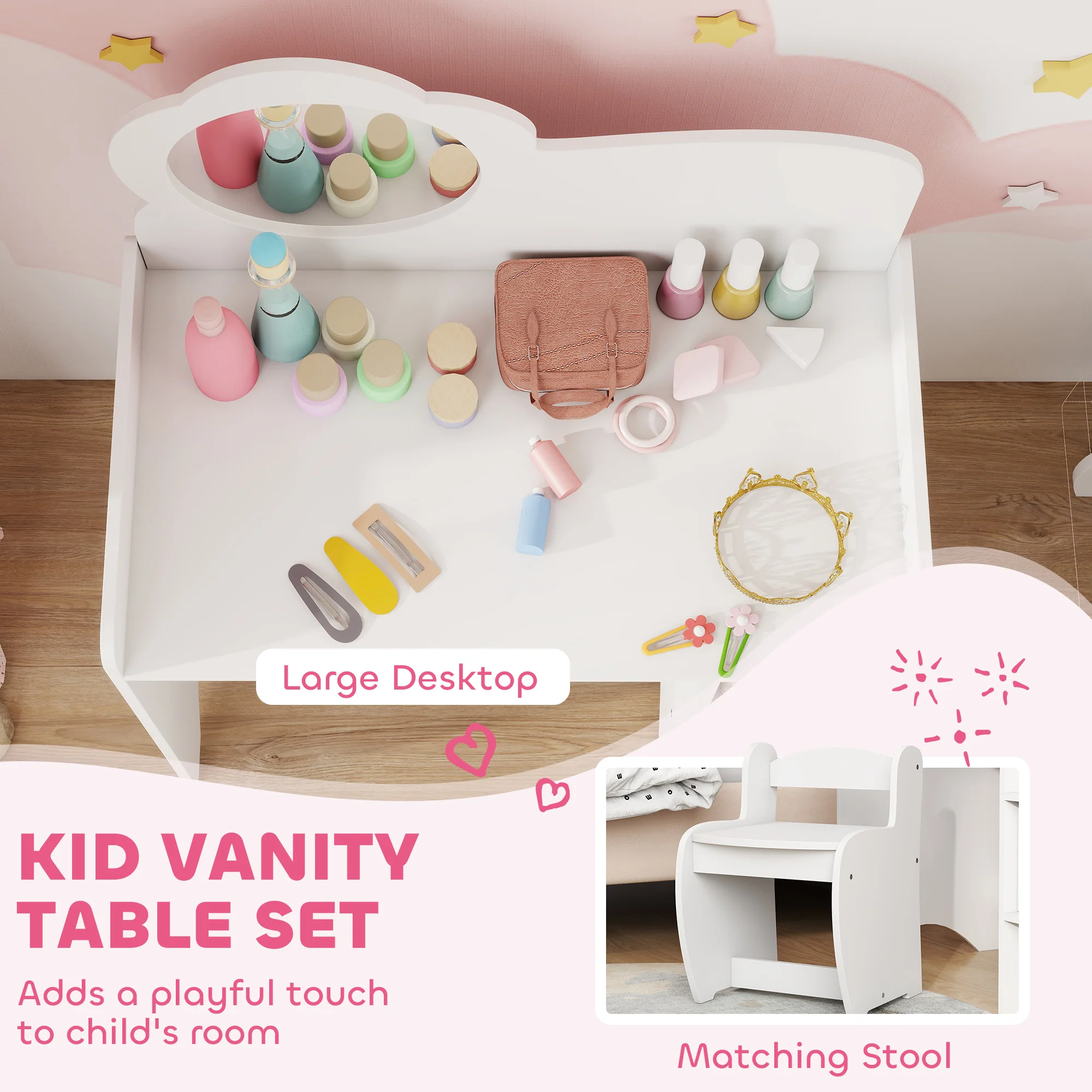 AIYAPLAY Kids Dressing Table With Mirror, Stool, Vanity Table, White - Image 3