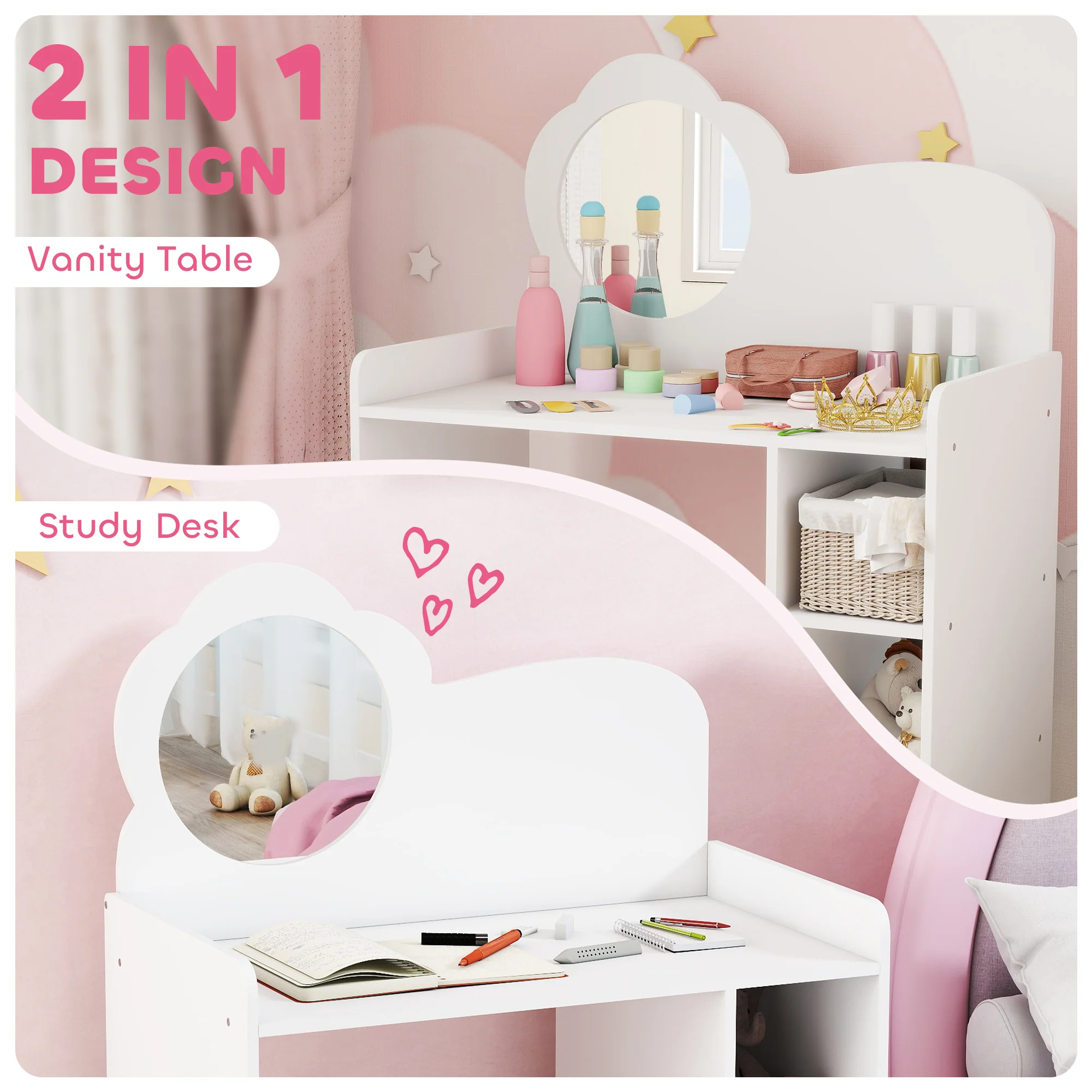 AIYAPLAY Kids Dressing Table With Mirror, Stool, Vanity Table, White - Image 4