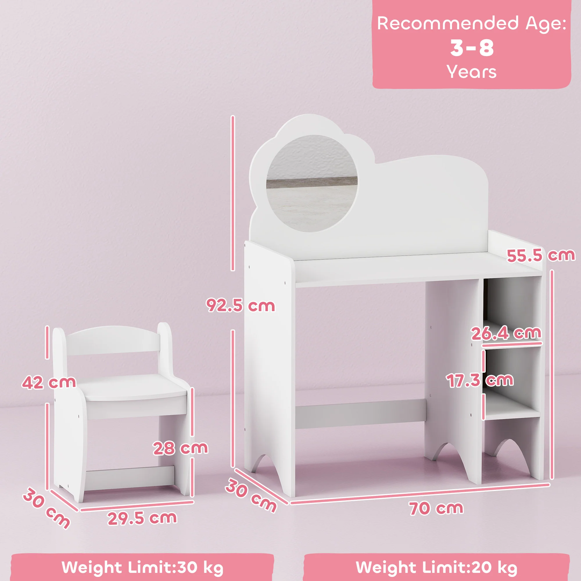 AIYAPLAY Kids Dressing Table With Mirror, Stool, Vanity Table, White - Image 5