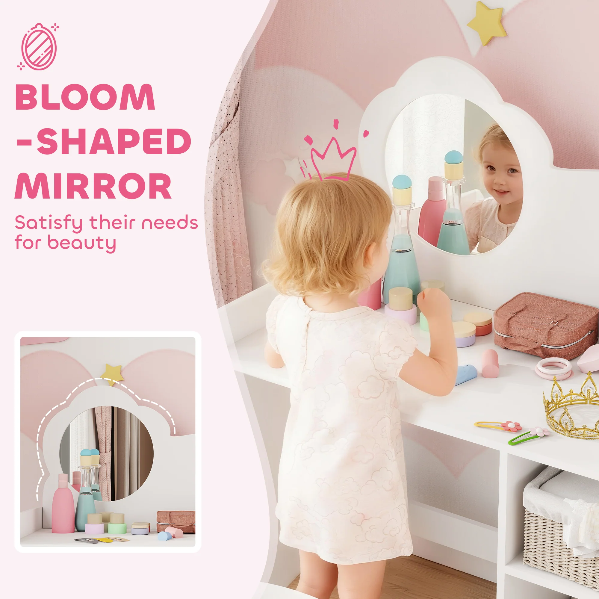 AIYAPLAY Kids Dressing Table With Mirror, Stool, Vanity Table, White - Image 6
