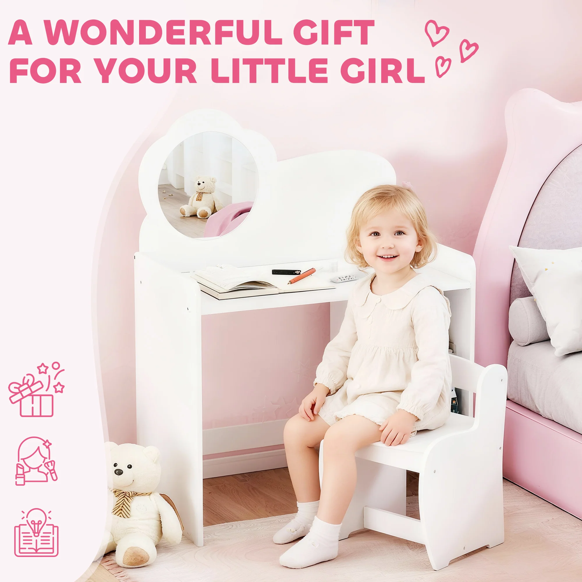 AIYAPLAY Kids Dressing Table With Mirror, Stool, Vanity Table, White - Image 8