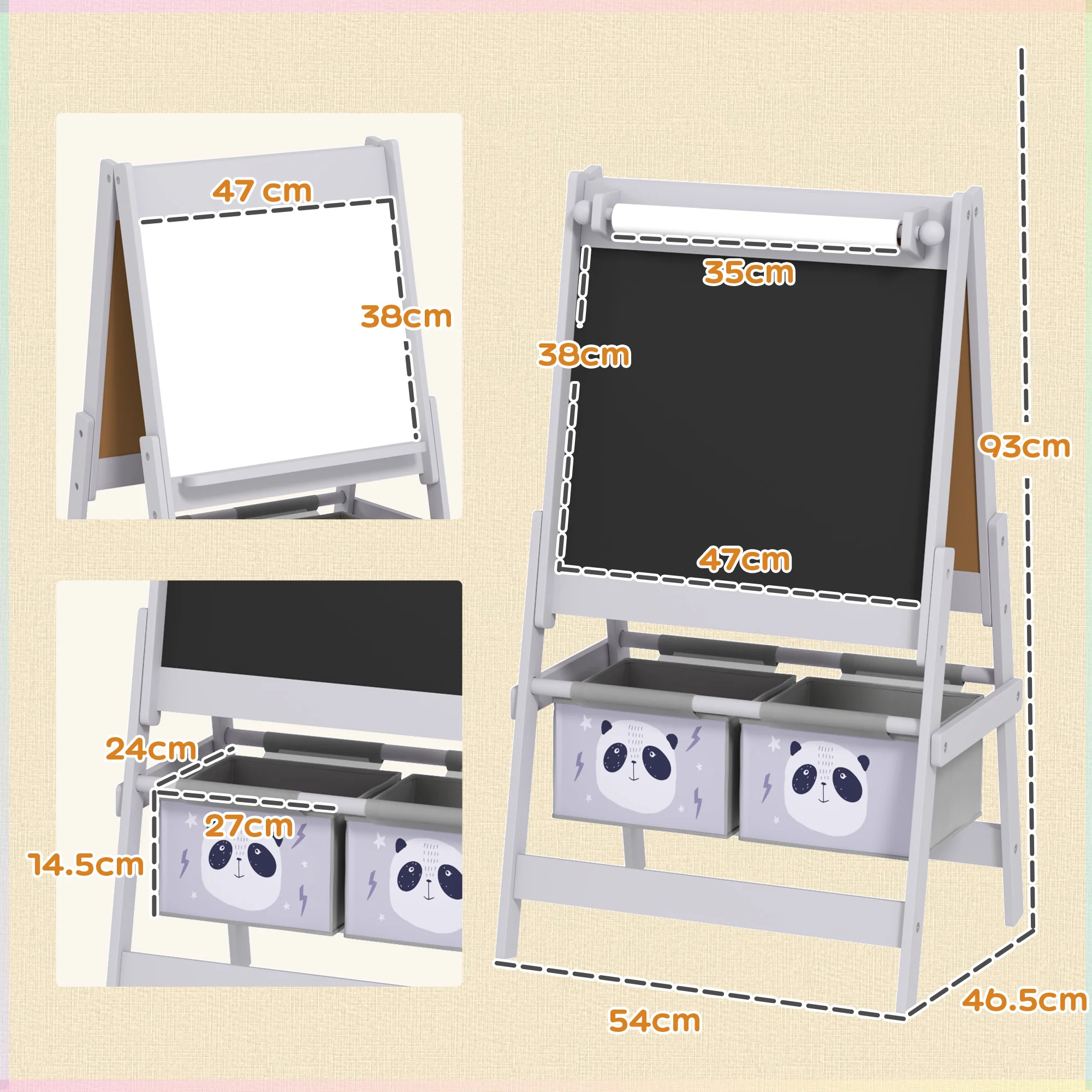 AIYAPLAY Kids Easel with Paper Roll, Blackboard, Whiteboard, Storage, Grey - Image 5