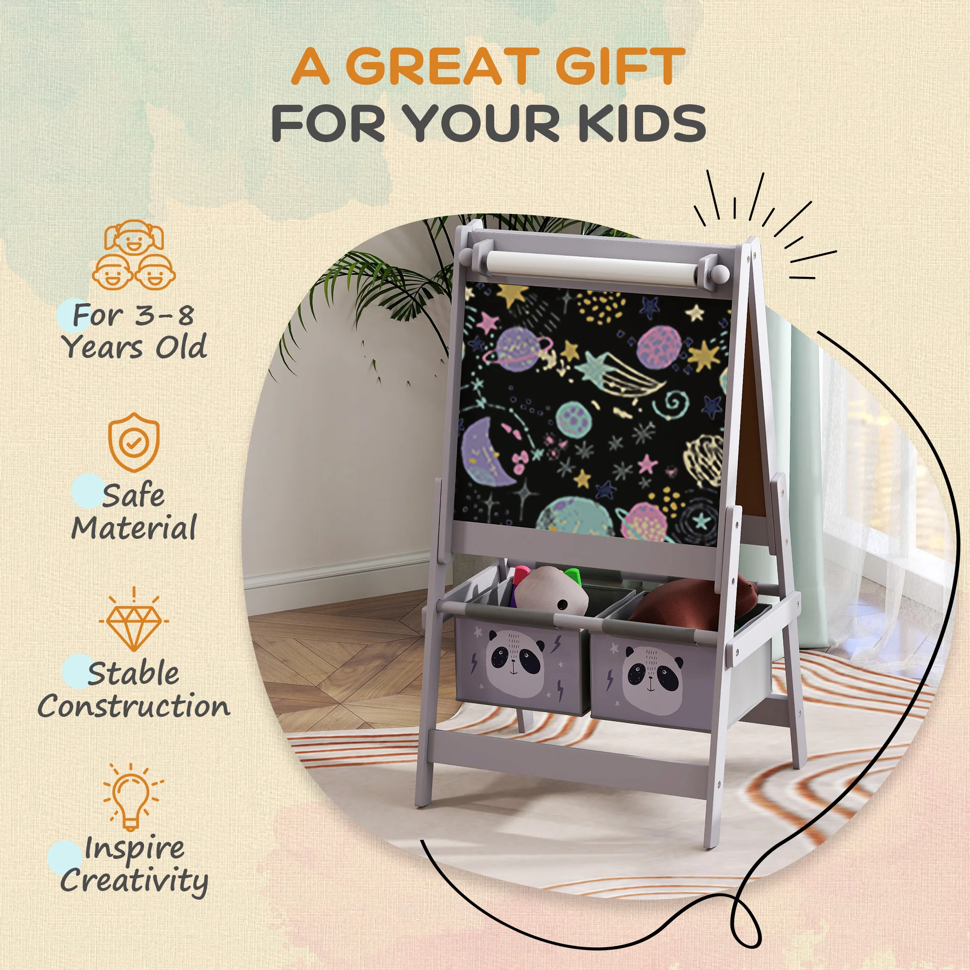 AIYAPLAY Kids Easel with Paper Roll, Blackboard, Whiteboard, Storage, Grey - Image 6