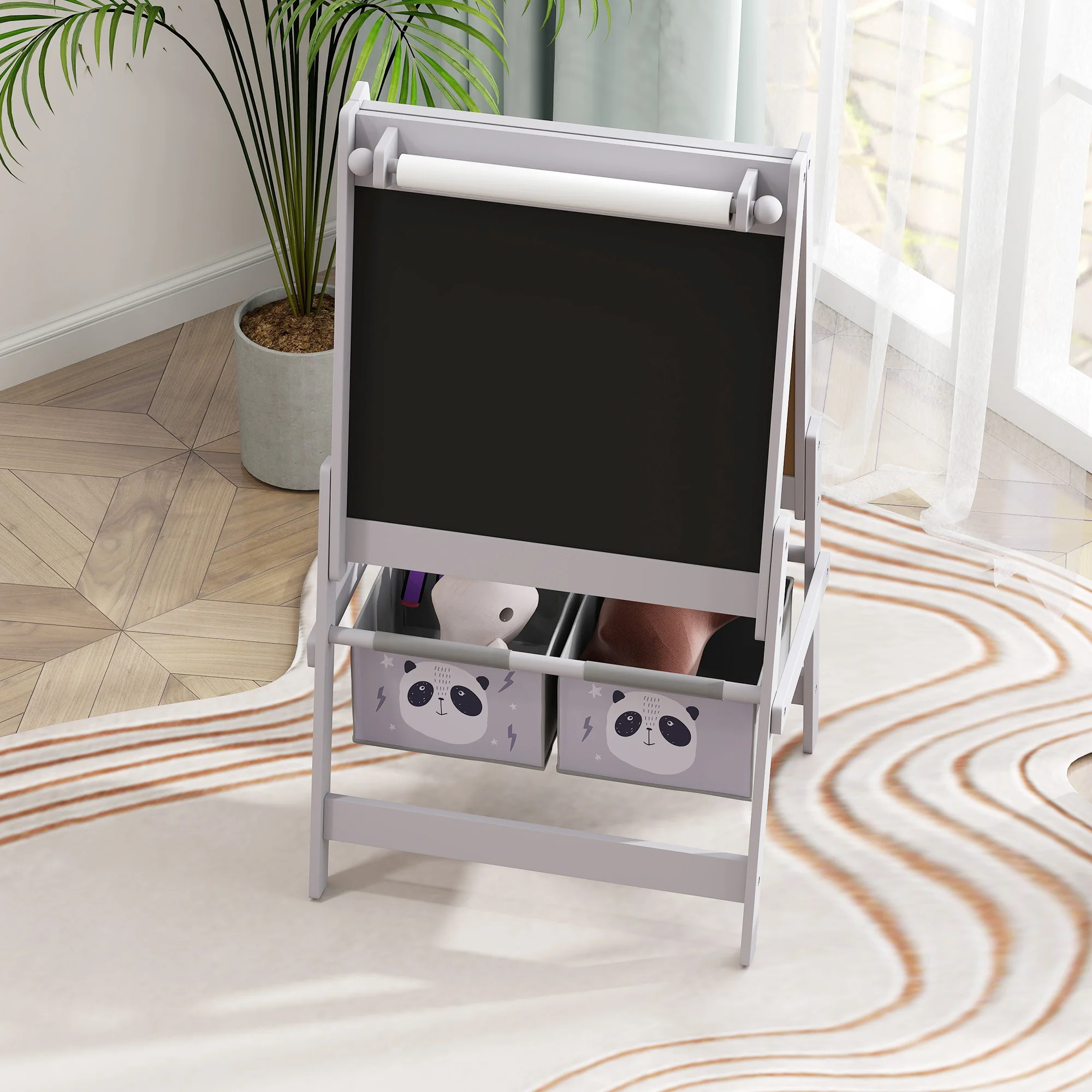 AIYAPLAY Kids Easel with Paper Roll, Blackboard, Whiteboard, Storage, Grey - Image 7