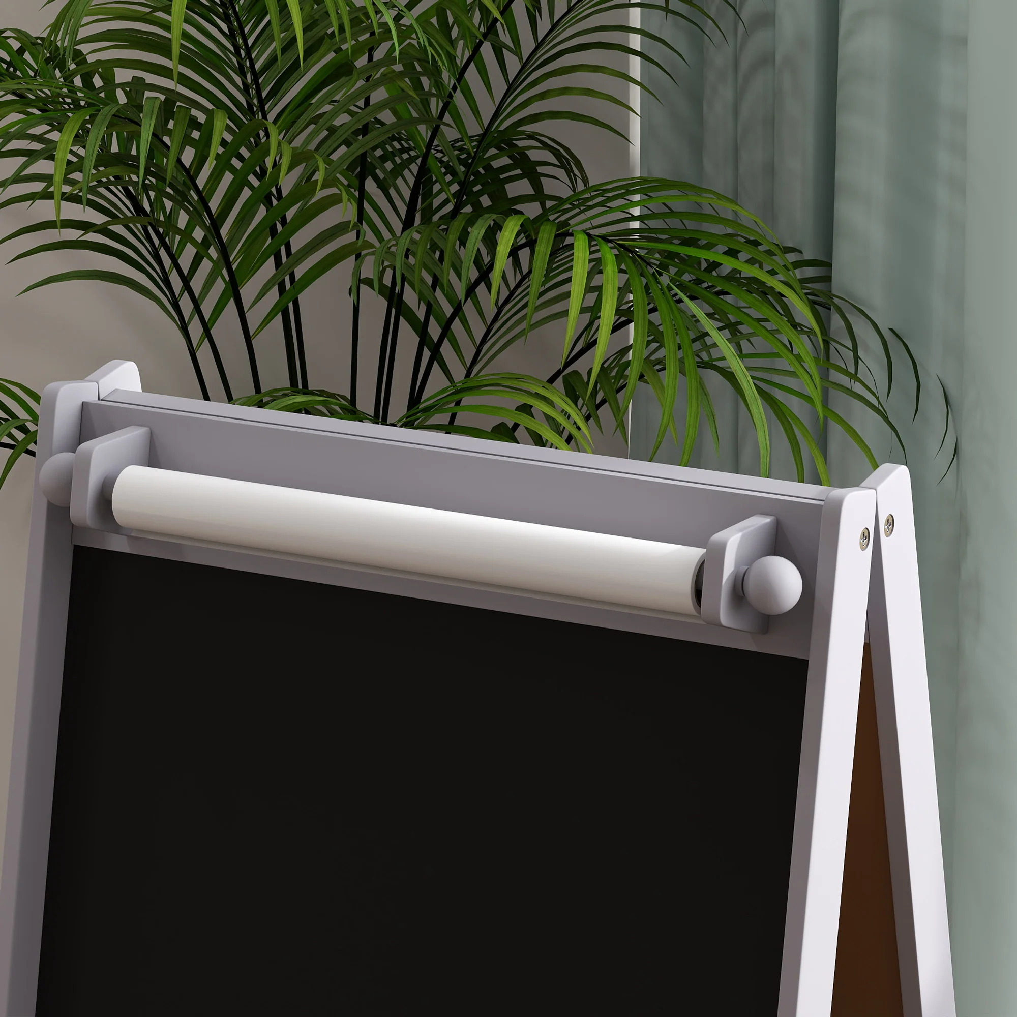 AIYAPLAY Kids Easel with Paper Roll, Blackboard, Whiteboard, Storage, Grey - Image 8