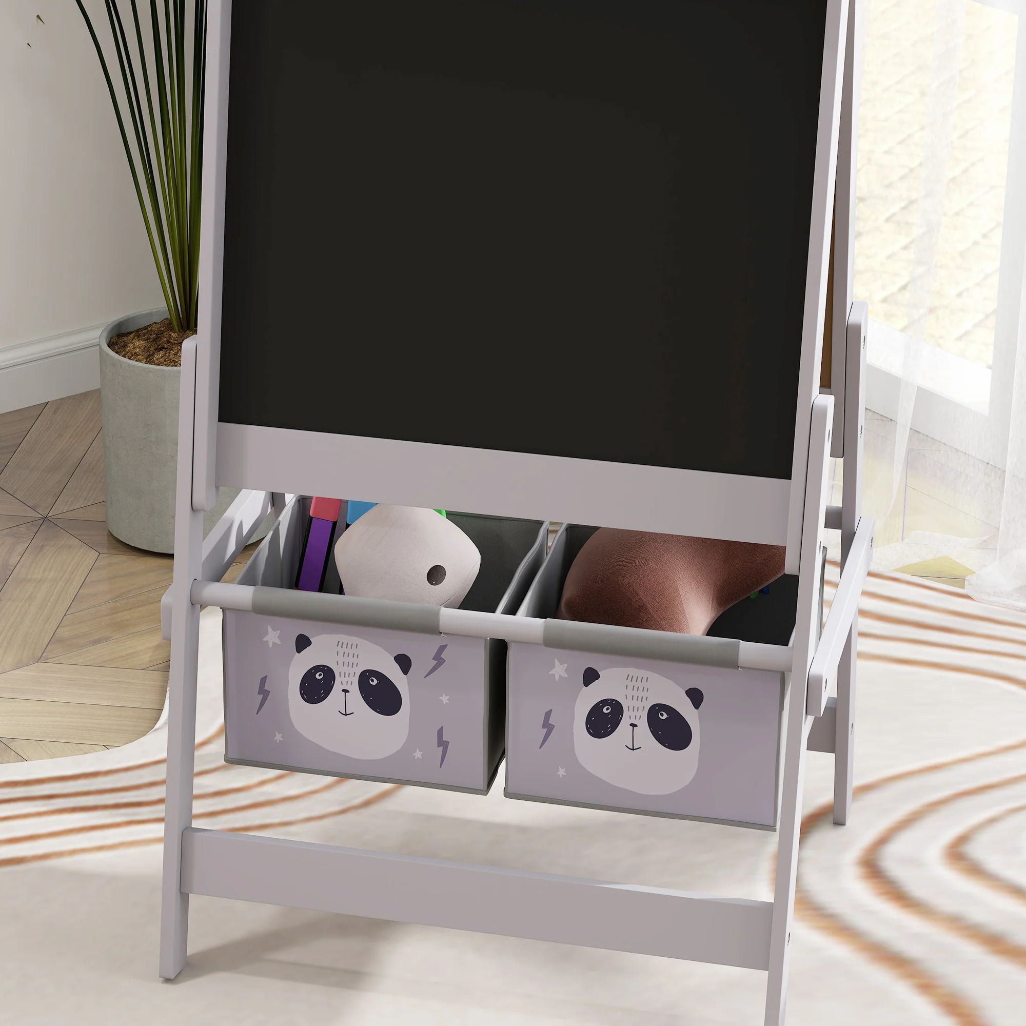AIYAPLAY Kids Easel with Paper Roll, Blackboard, Whiteboard, Storage, Grey - Image 9