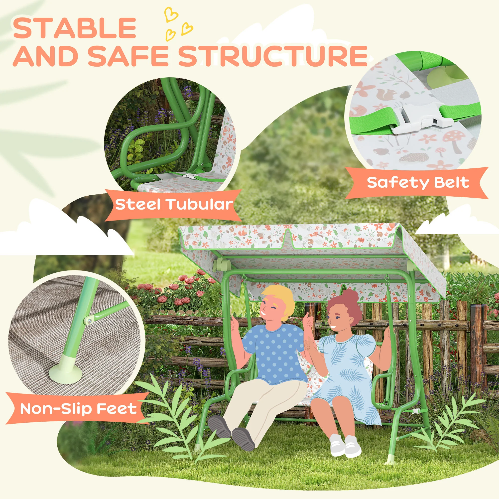 AIYAPLAY Kids Garden Swing Chair, Swing Seat With Adjustable Canopy, Green - Image 3