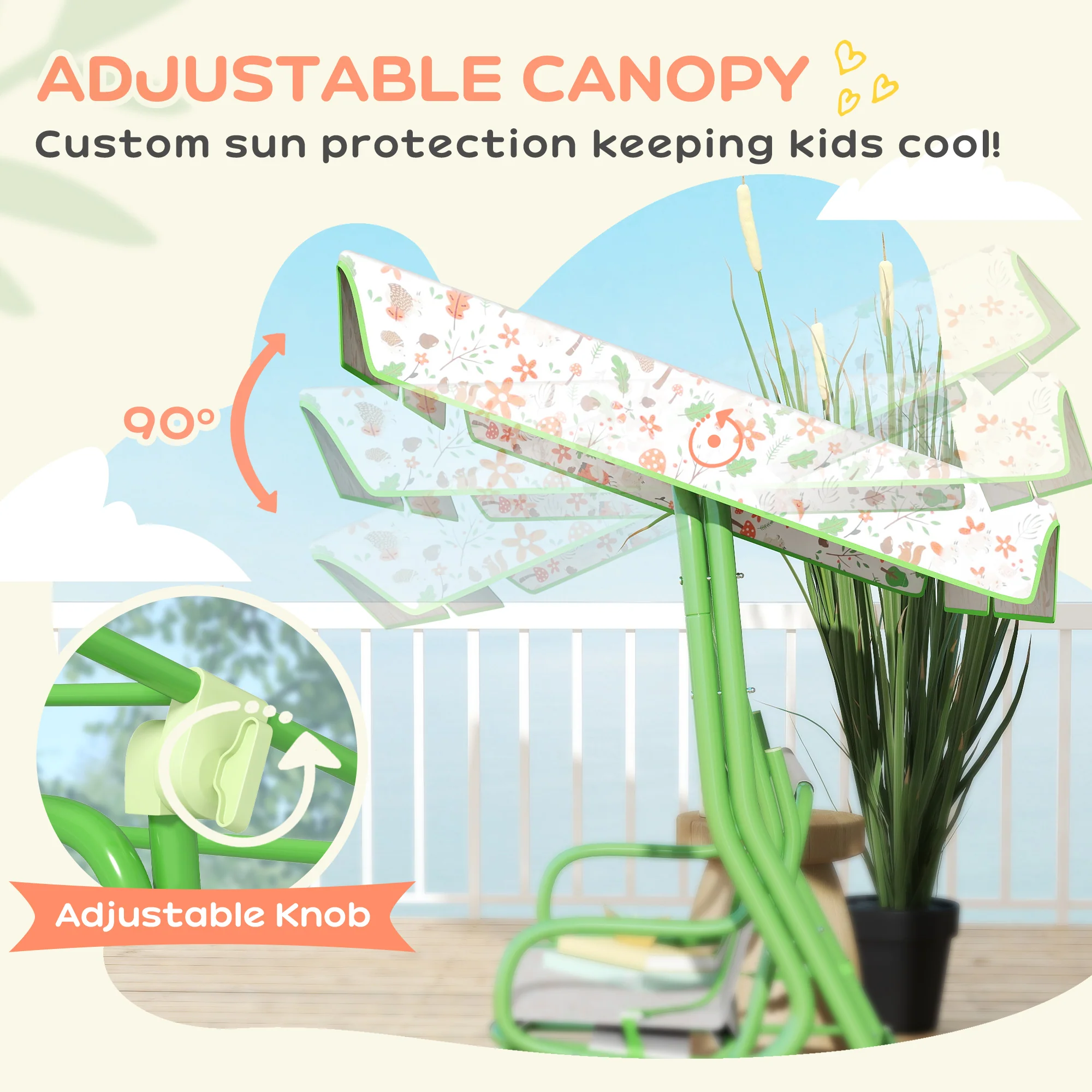 AIYAPLAY Kids Garden Swing Chair, Swing Seat With Adjustable Canopy, Green - Image 4