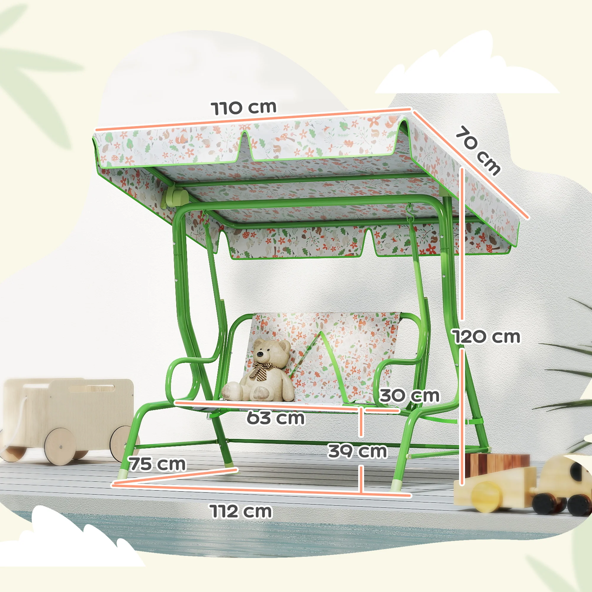 AIYAPLAY Kids Garden Swing Chair, Swing Seat With Adjustable Canopy, Green - Image 5