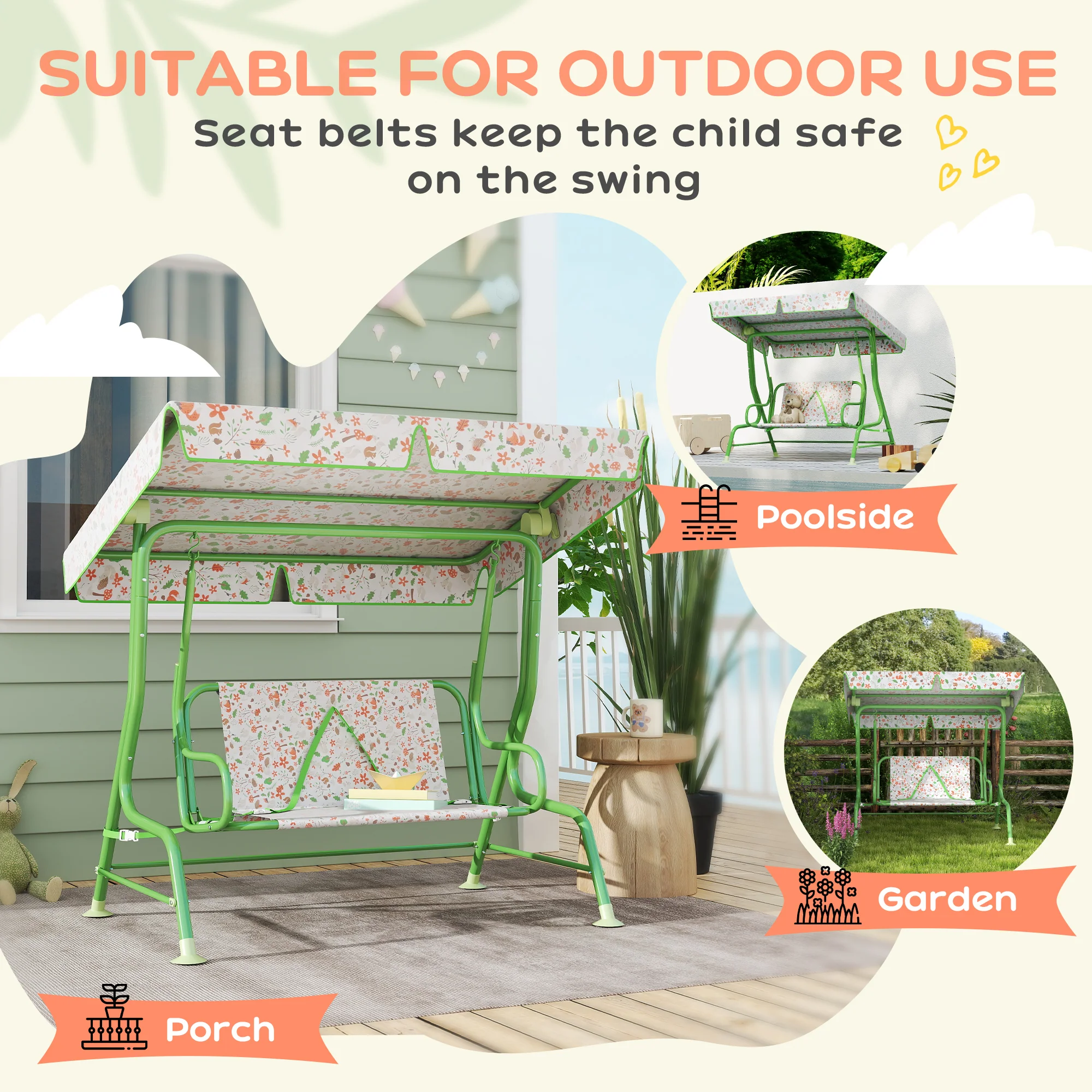 AIYAPLAY Kids Garden Swing Chair, Swing Seat With Adjustable Canopy, Green - Image 6
